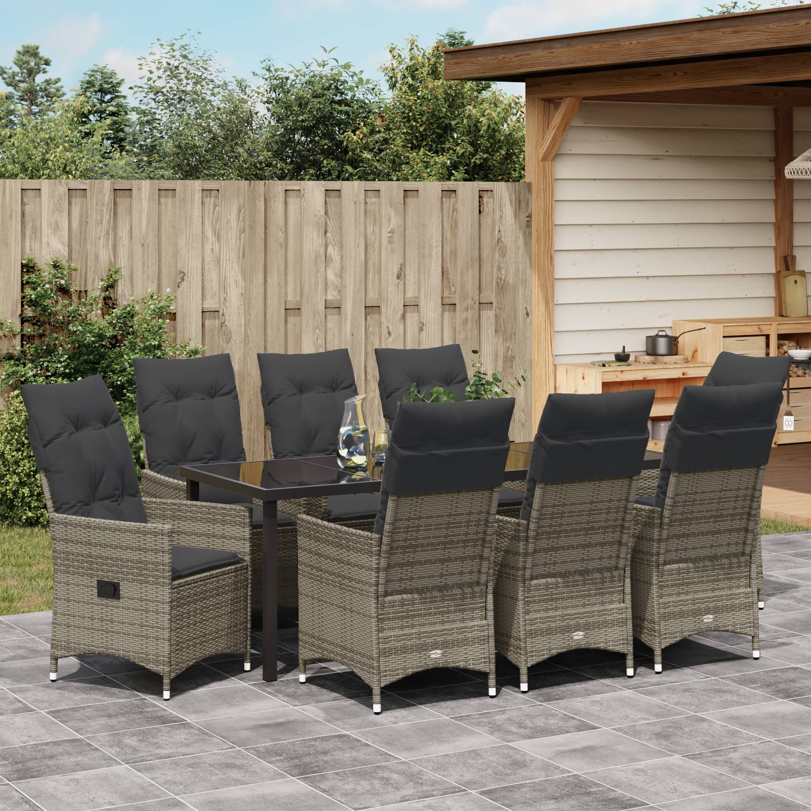 vidaXL 9-teiliges Garten-Diningset mit Kissen Grau Poly Rattan