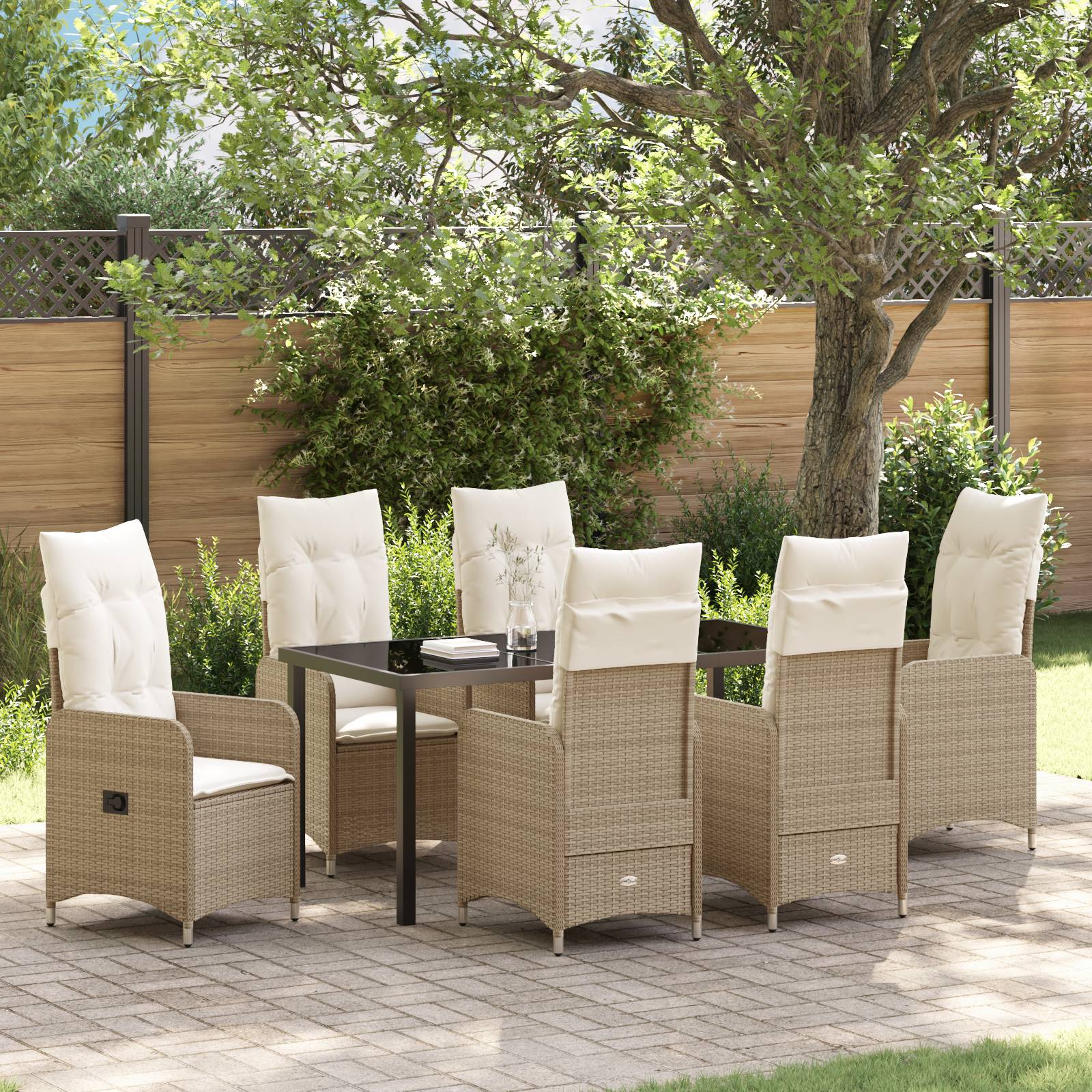 vidaXL 7-tlg. Garten-Essgruppe mit Kissen Beige Poly Rattan