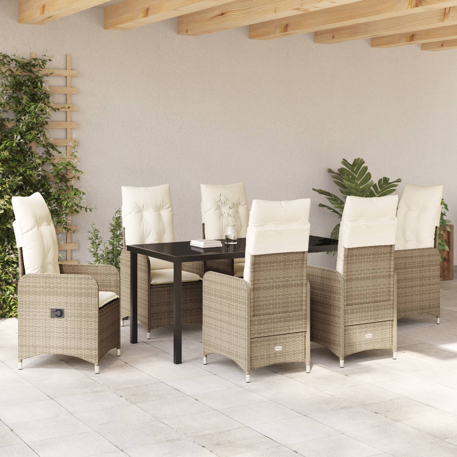 vidaXL 7-tlg. Garten-Essgruppe mit Kissen Beige Poly Rattan