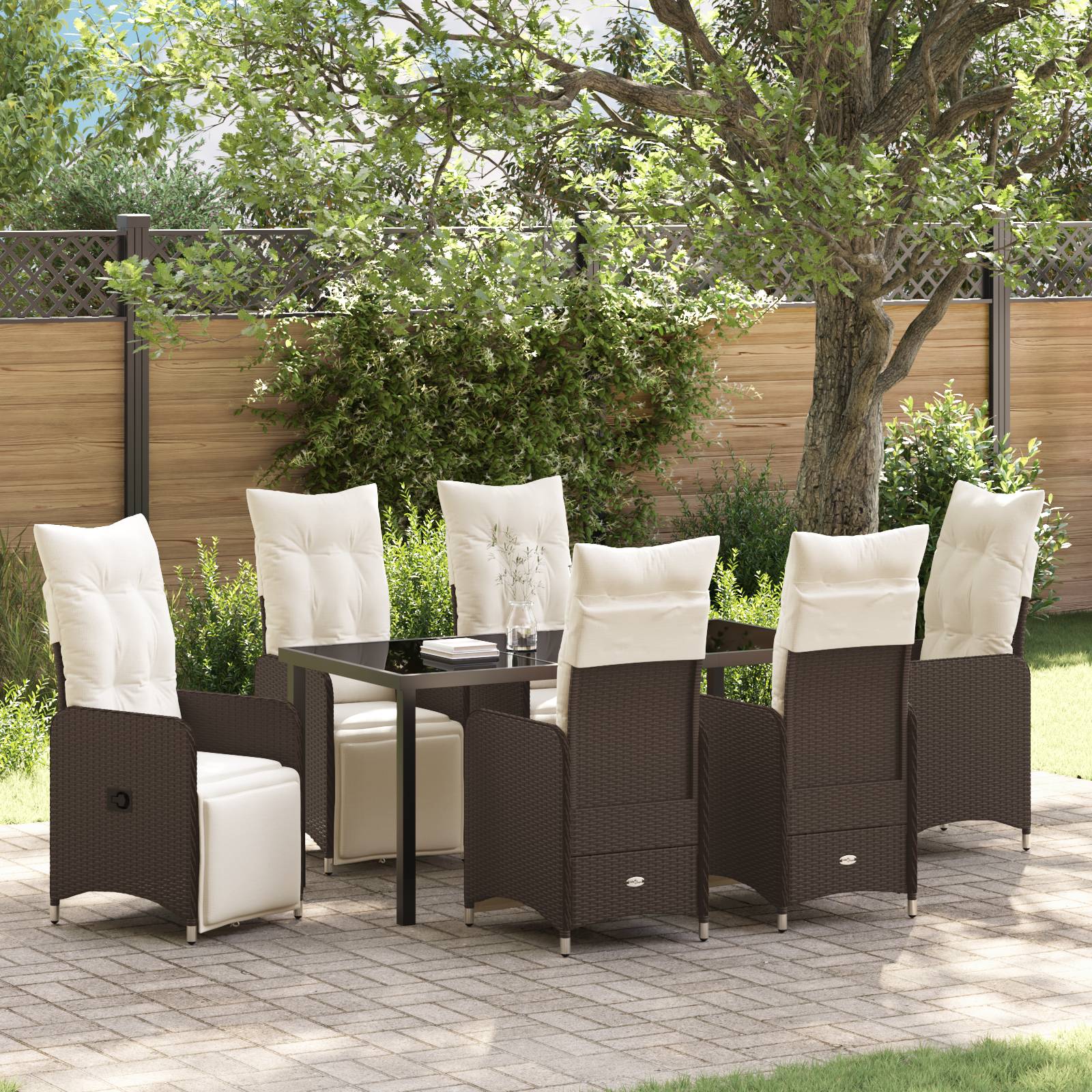 vidaXL 7-tlg. Garten-Essgruppe mit Kissen Braun Poly Rattan