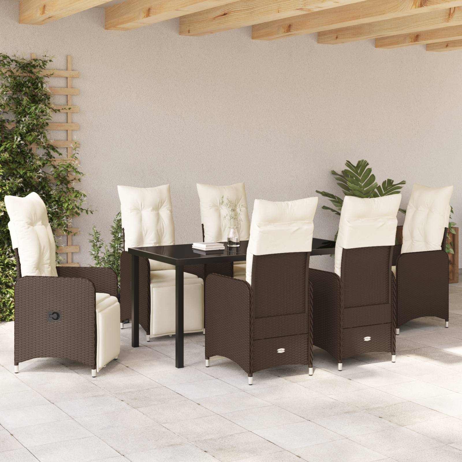 vidaXL 7-tlg. Garten-Essgruppe mit Kissen Braun Poly Rattan
