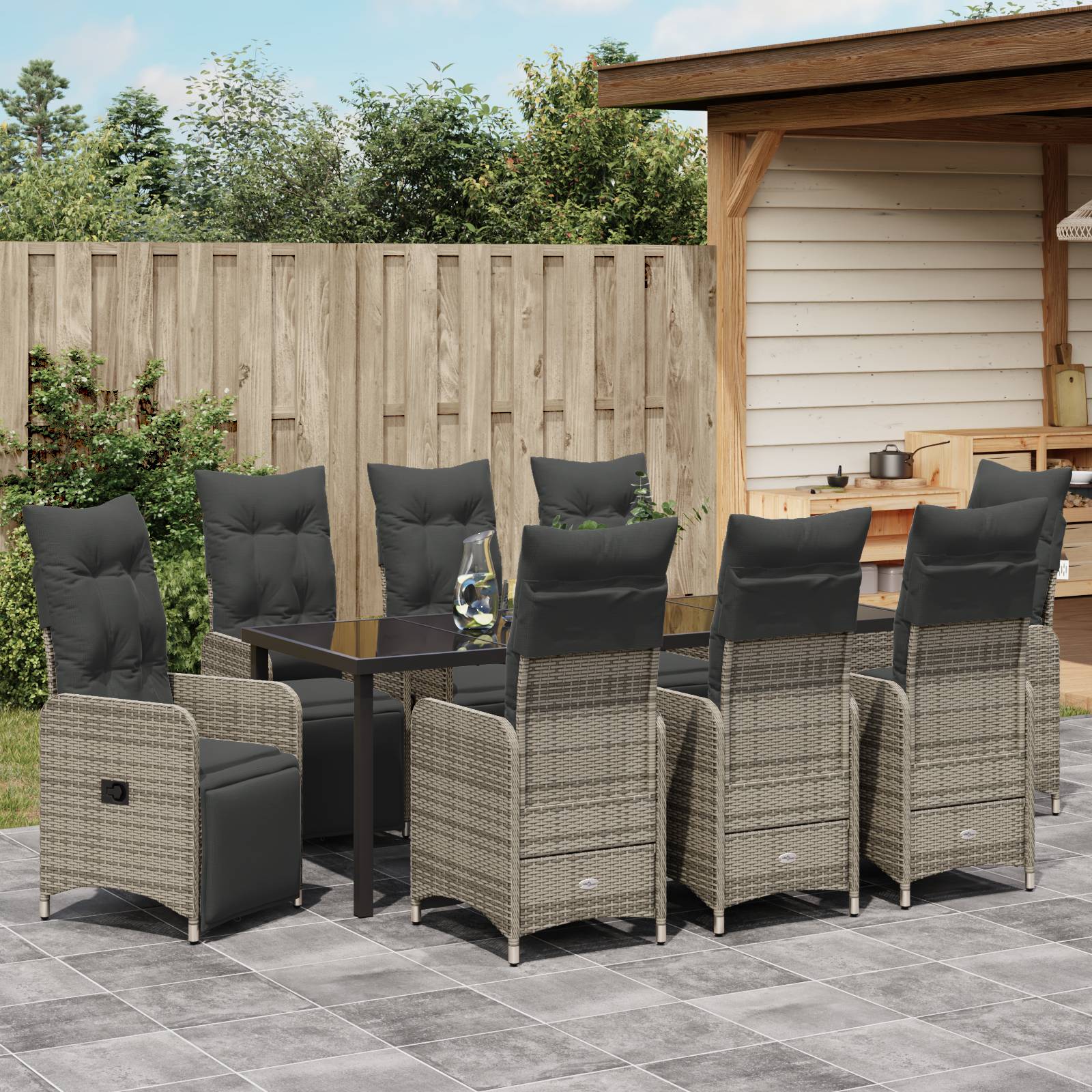 vidaXL 9-tlg. Garten-Essgruppe mit Kissen Grau Poly Rattan