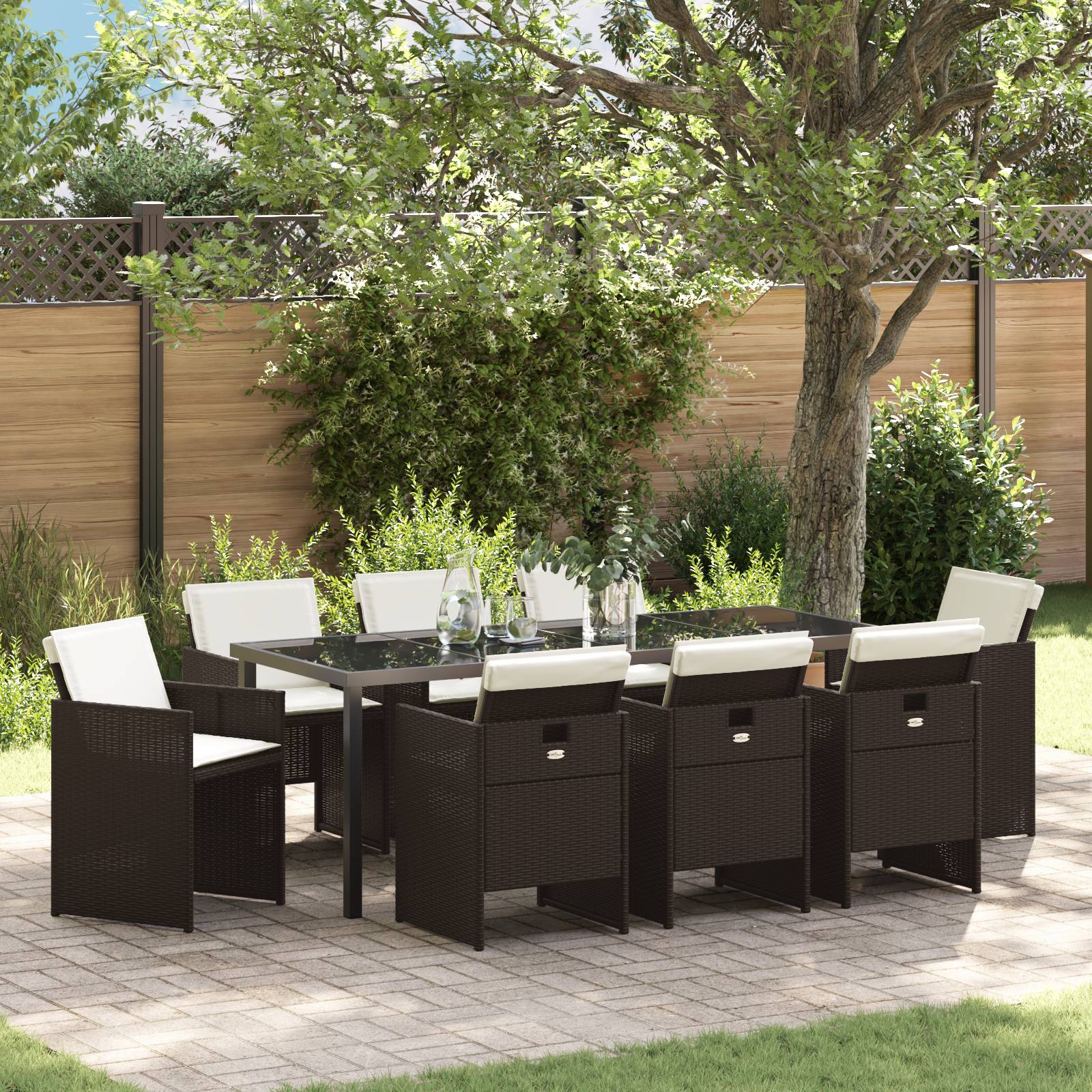 vidaXL 9 teiliges Garten Essset mit Kissen Braun Poly Rattan