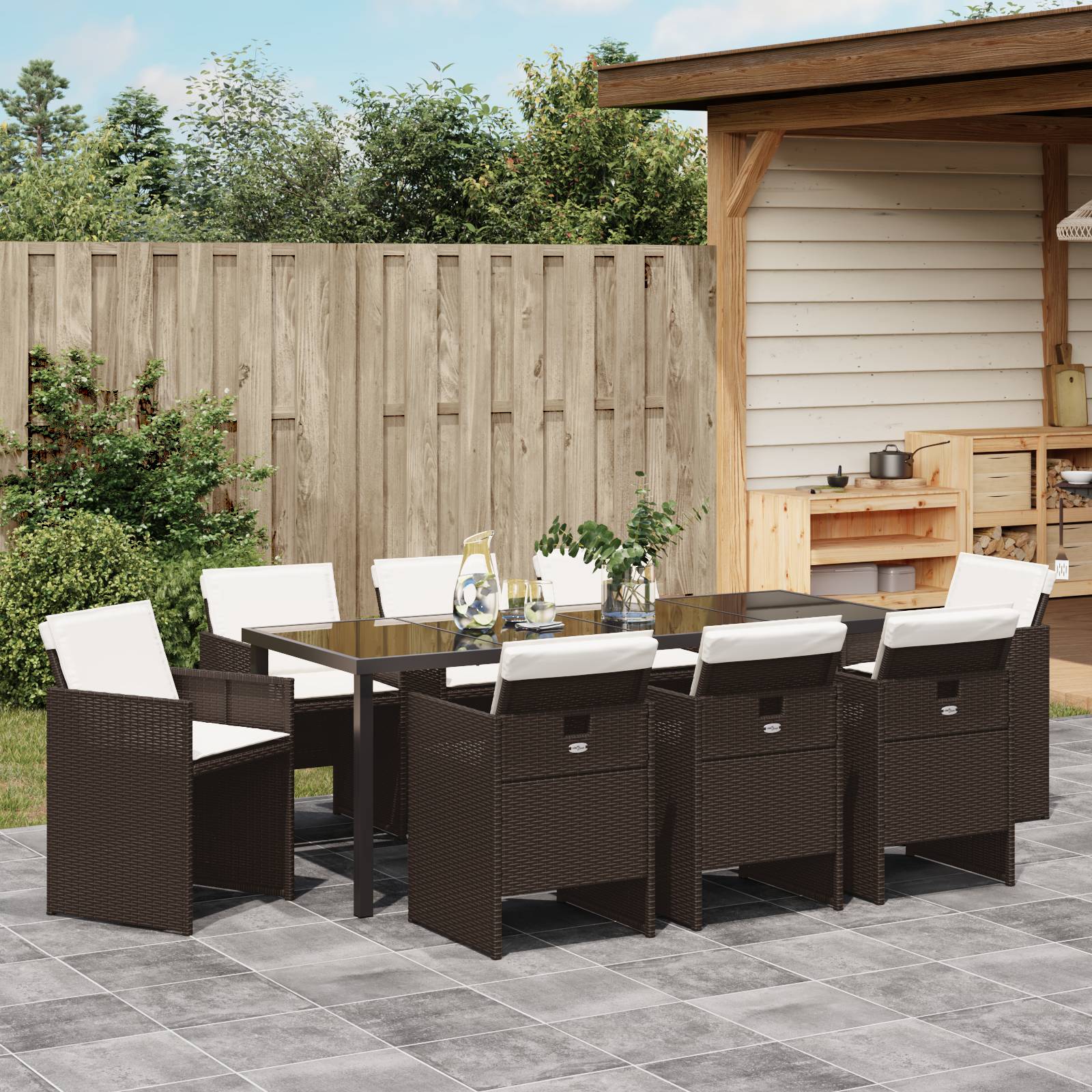 vidaXL 9 teiliges Garten Essset mit Kissen Braun Poly Rattan