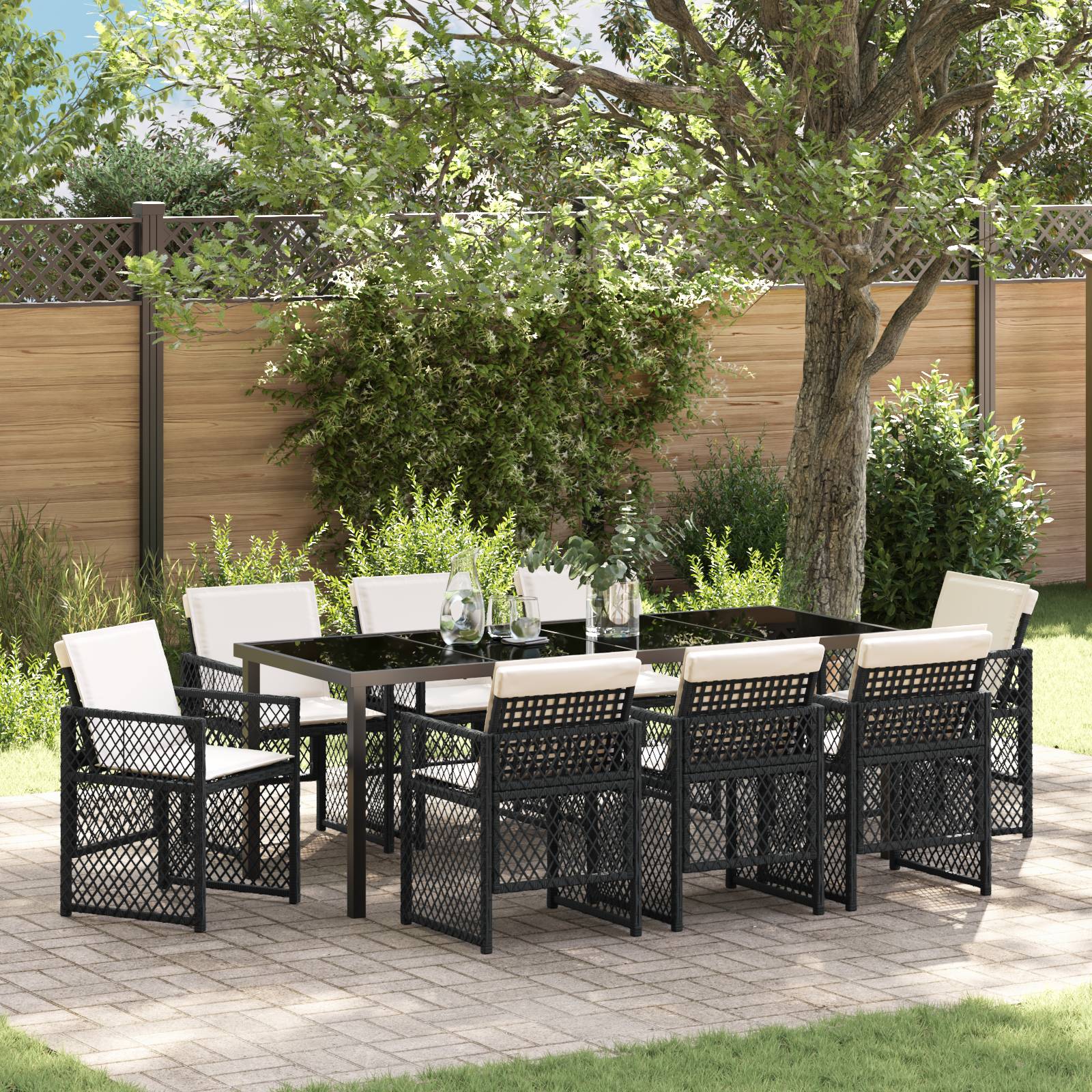 vidaXL 9-teiliges Garten Esstisch Set mit Kissen Schwarz Poly Rattan