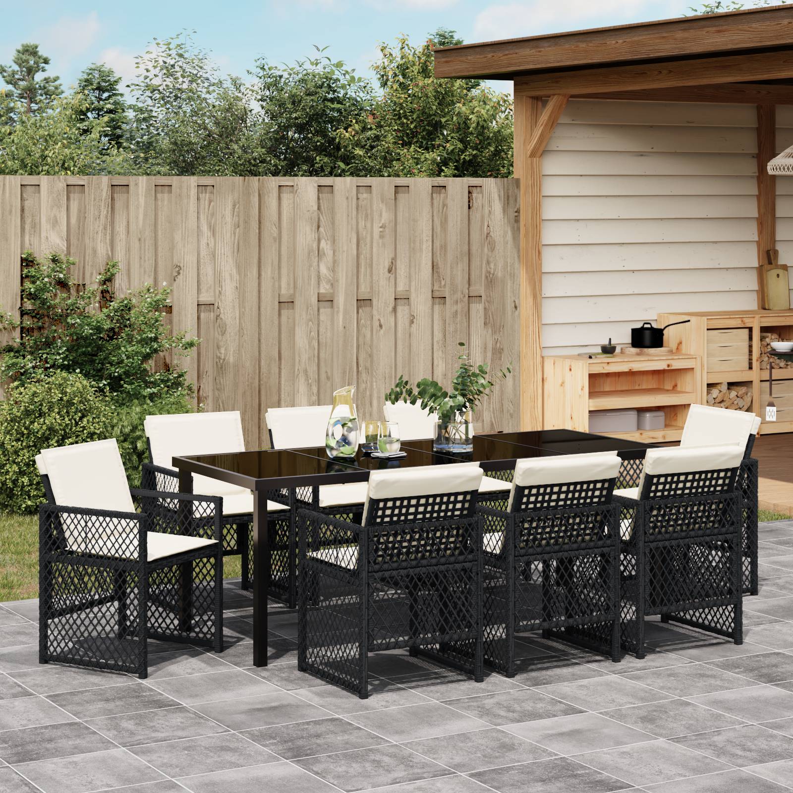 vidaXL 9-teiliges Garten Esstisch Set mit Kissen Schwarz Poly Rattan