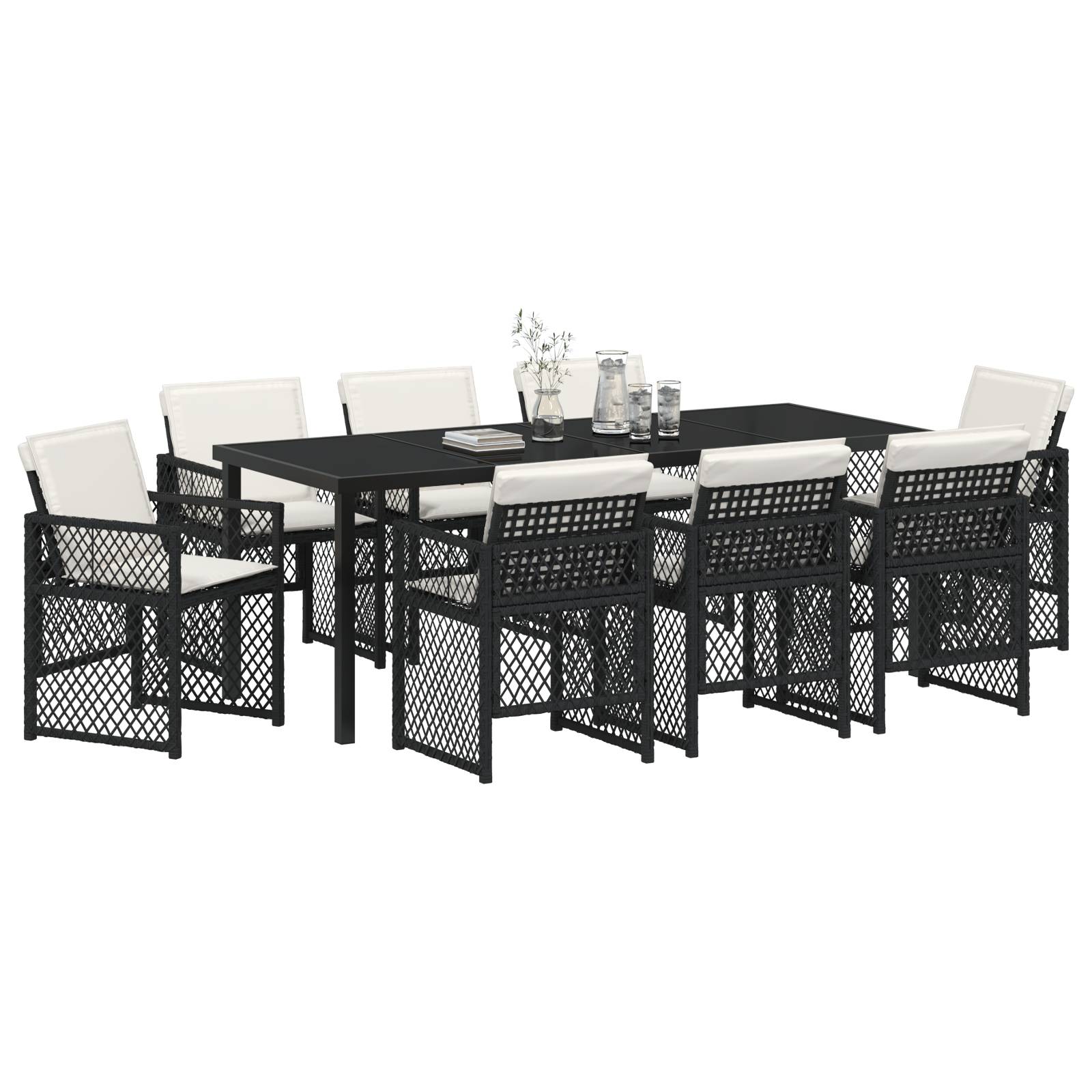vidaXL 9-teiliges Garten Esstisch Set mit Kissen Schwarz Poly Rattan