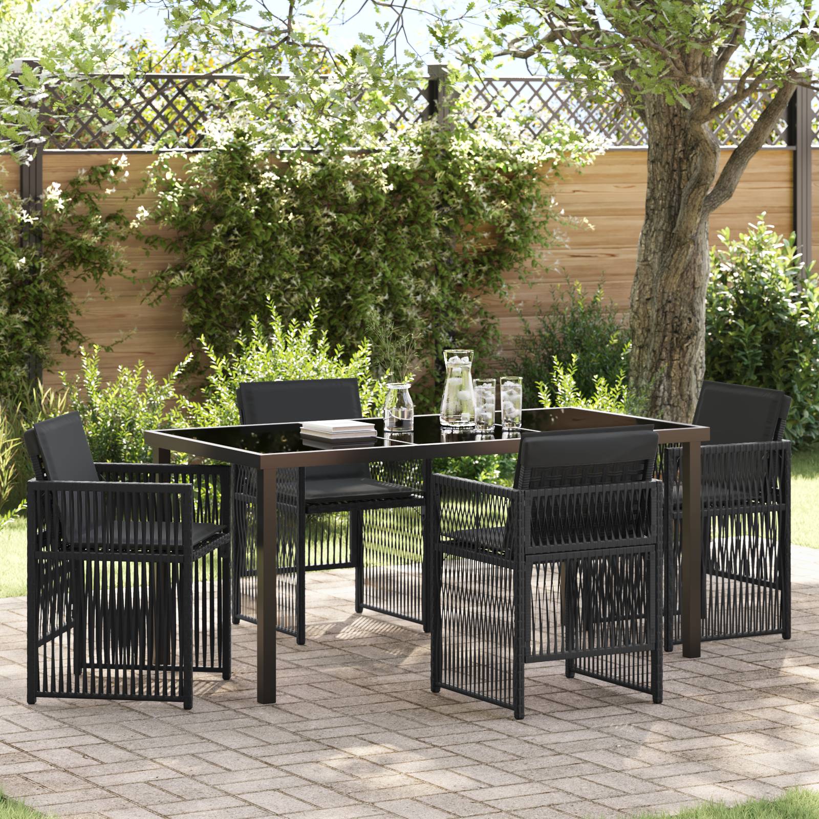 vidaXL 5-tlg. Garten Essgruppe mit Kissen Schwarzes Poly Rattan