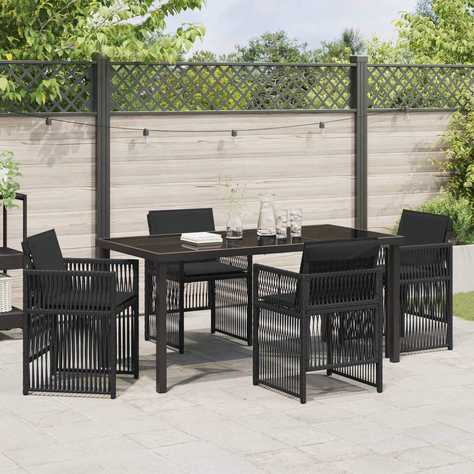 vidaXL 5-tlg. Garten Essgruppe mit Kissen Schwarzes Poly Rattan