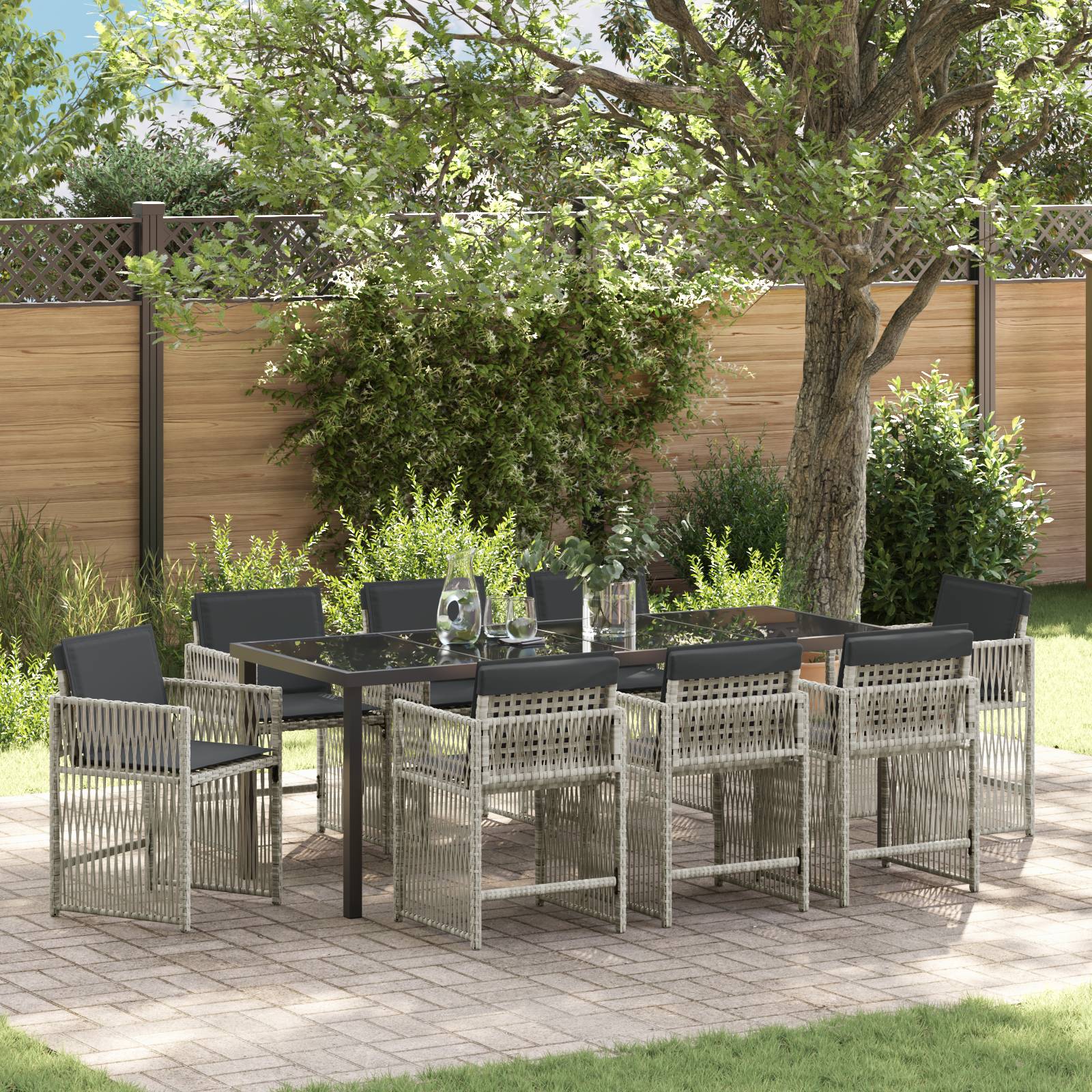 vidaXL 9-teilige Garten Essgruppe mit Kissen Hellgrau Poly Rattan