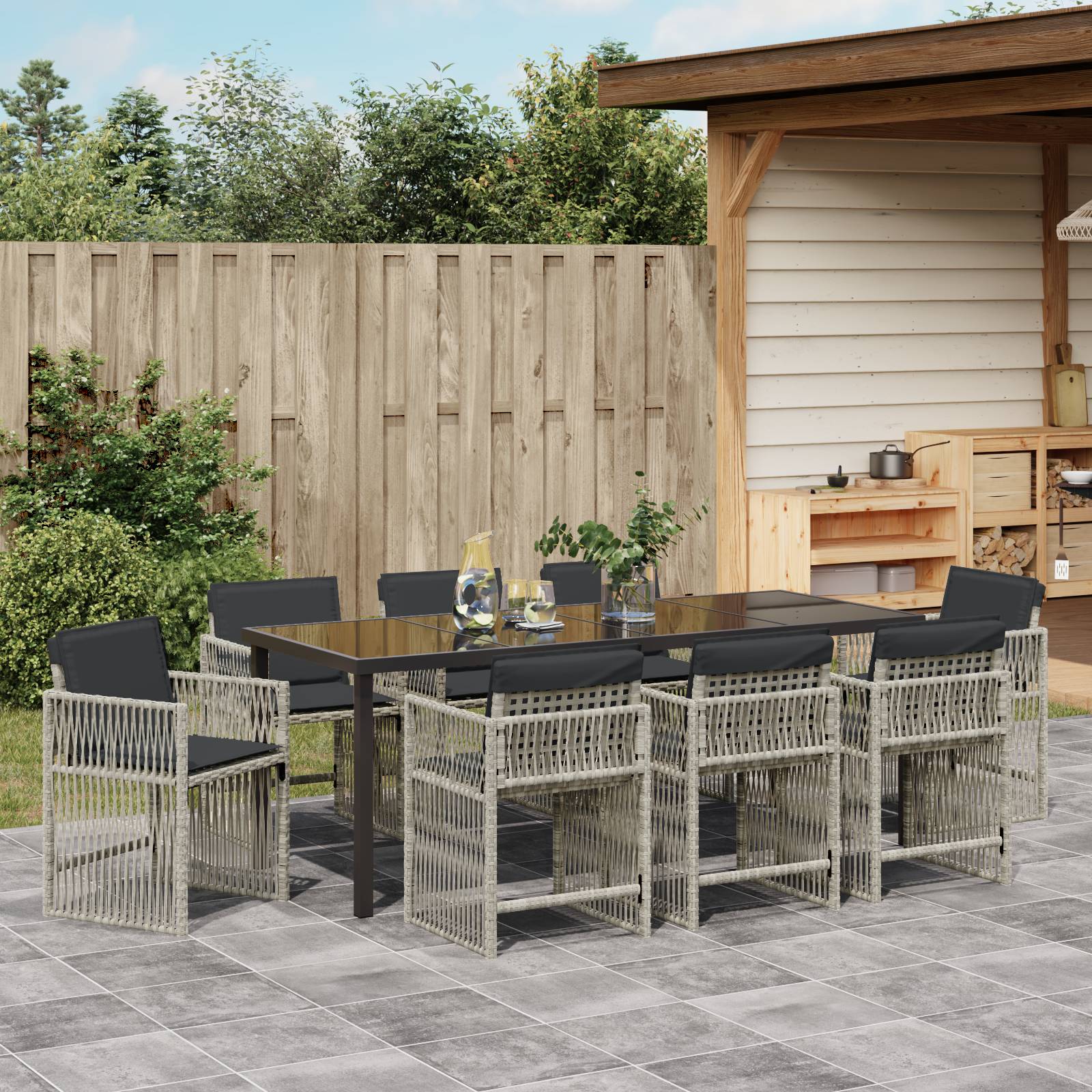 vidaXL 9-teilige Garten Essgruppe mit Kissen Hellgrau Poly Rattan