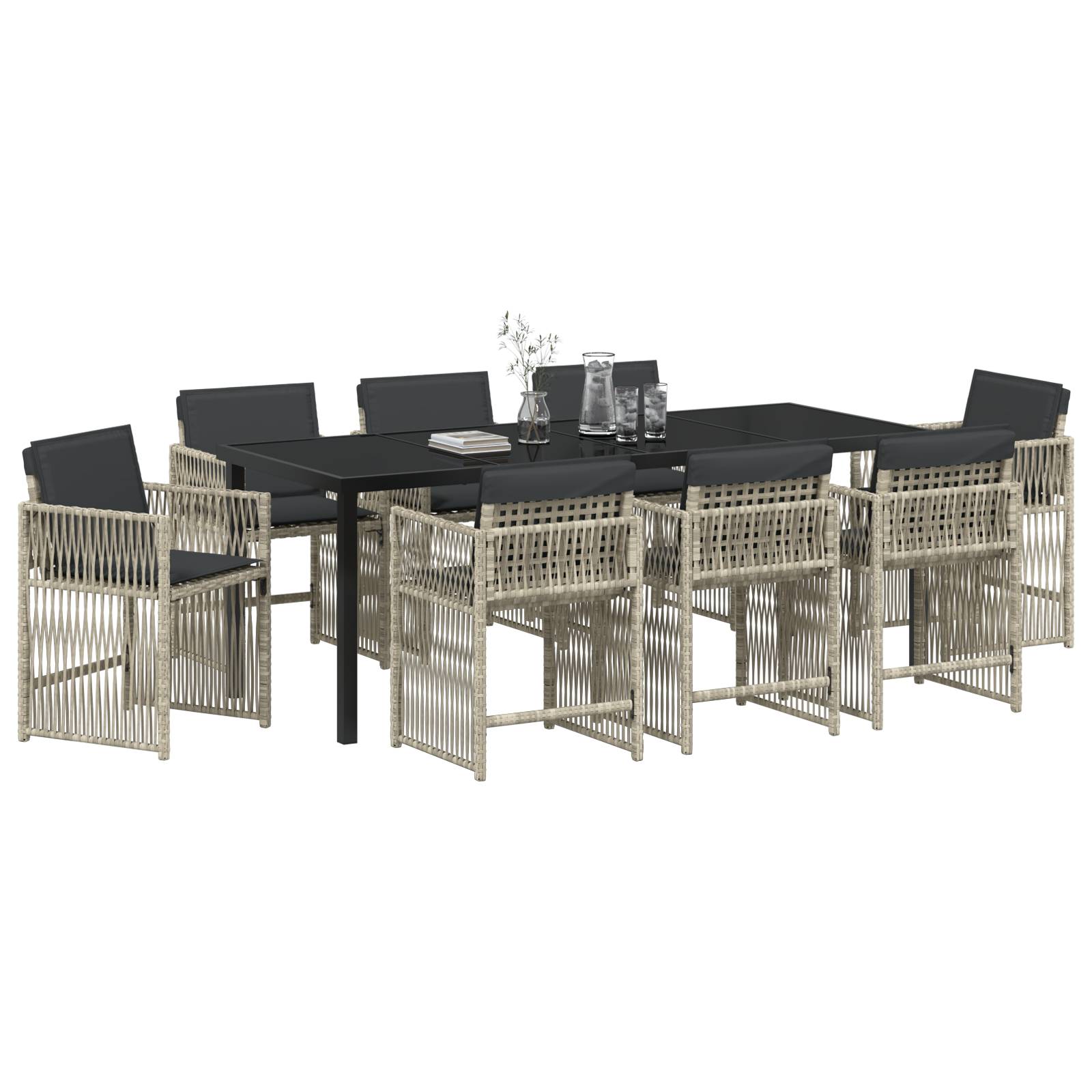 vidaXL 9-teilige Garten Essgruppe mit Kissen Hellgrau Poly Rattan