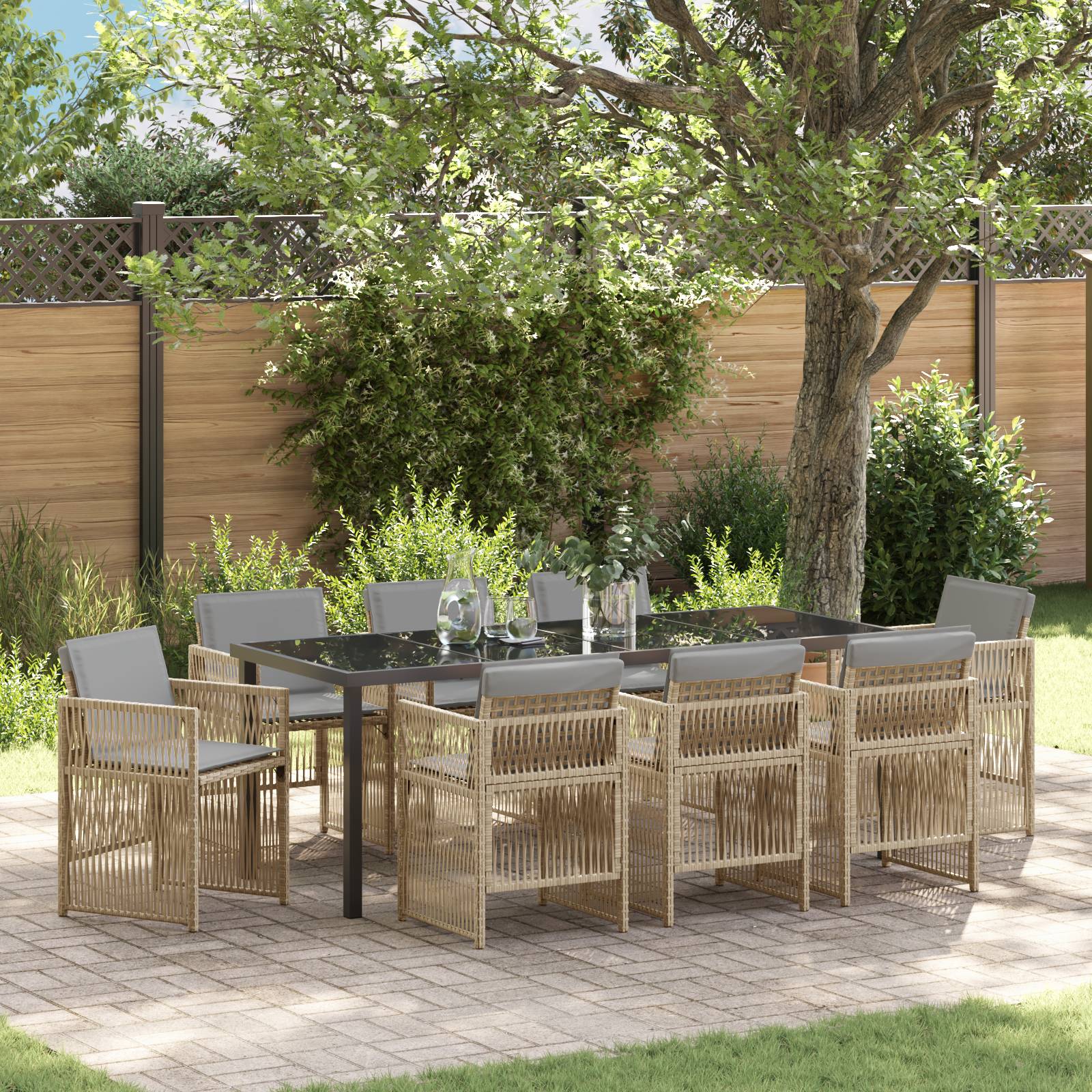 vidaXL 9-teiliges Garten Essset mit Kissen Beige Poly Rattan