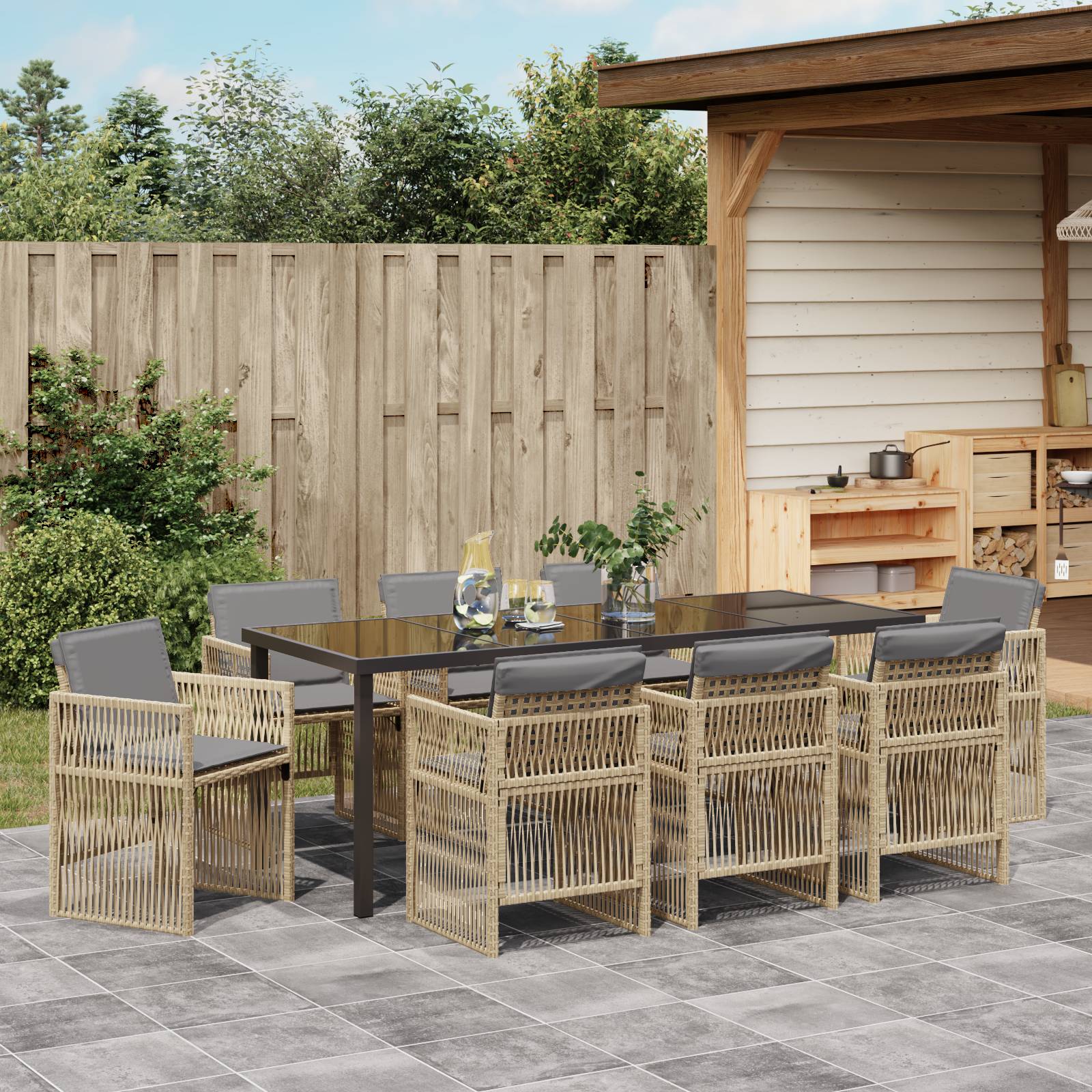 vidaXL 9-teiliges Garten Essset mit Kissen Beige Poly Rattan
