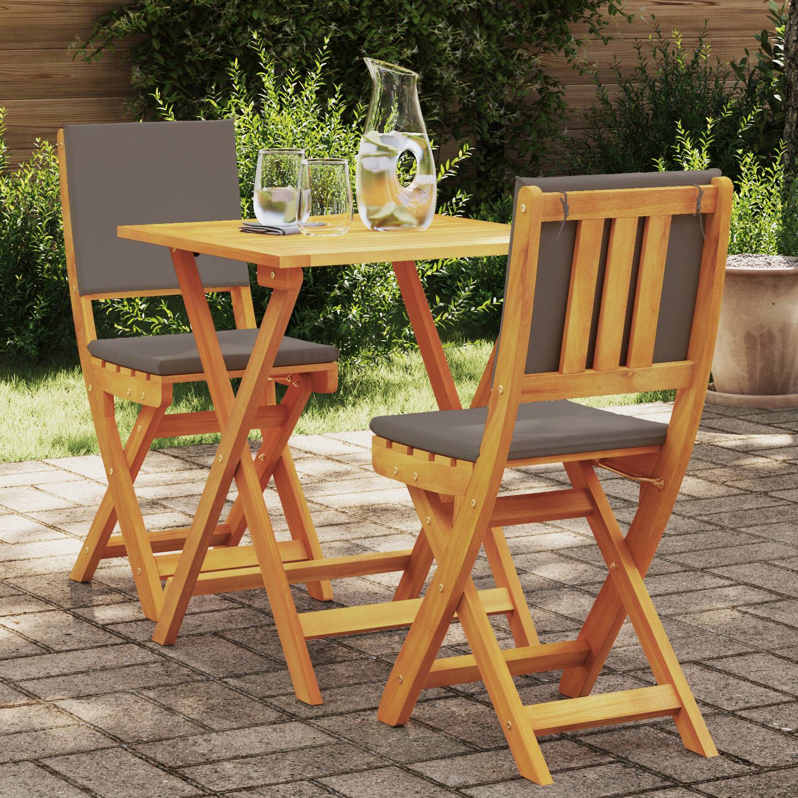 vidaXL 3-teiliges Faltbares Bistro-Set mit Kissen, Massivholz Akazie