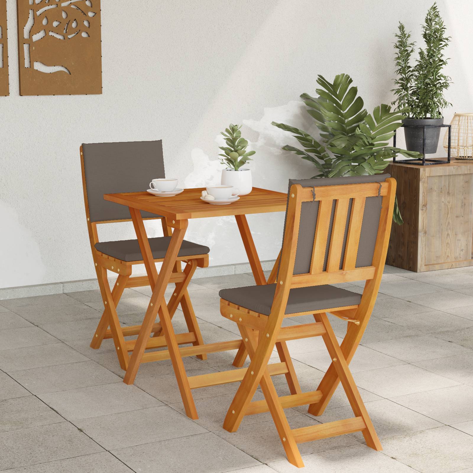 vidaXL 3-teiliges Faltbares Bistro-Set mit Kissen, Massivholz Akazie