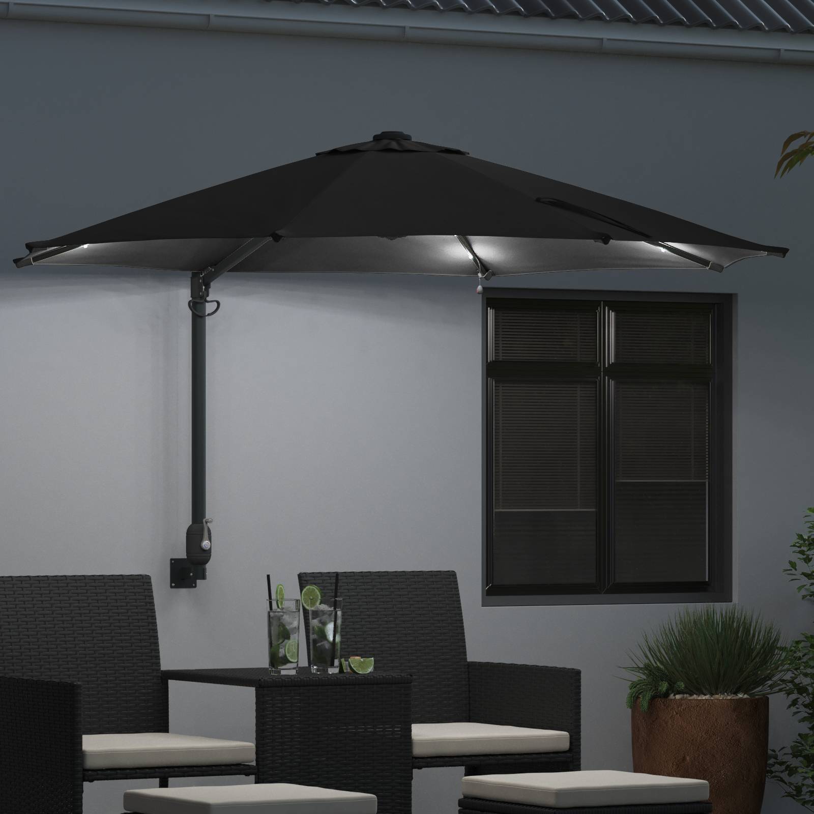 vidaXL Wand-Sonnenschirm mit LED-Leuchten Schwarz 248 cm