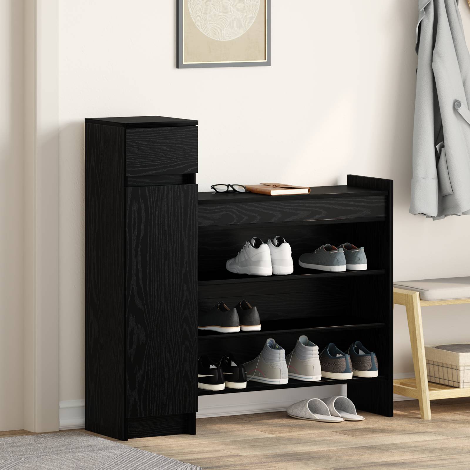 vidaXL Schuhschrank Schwarz Eiche 100.5x28x100 cm MDF