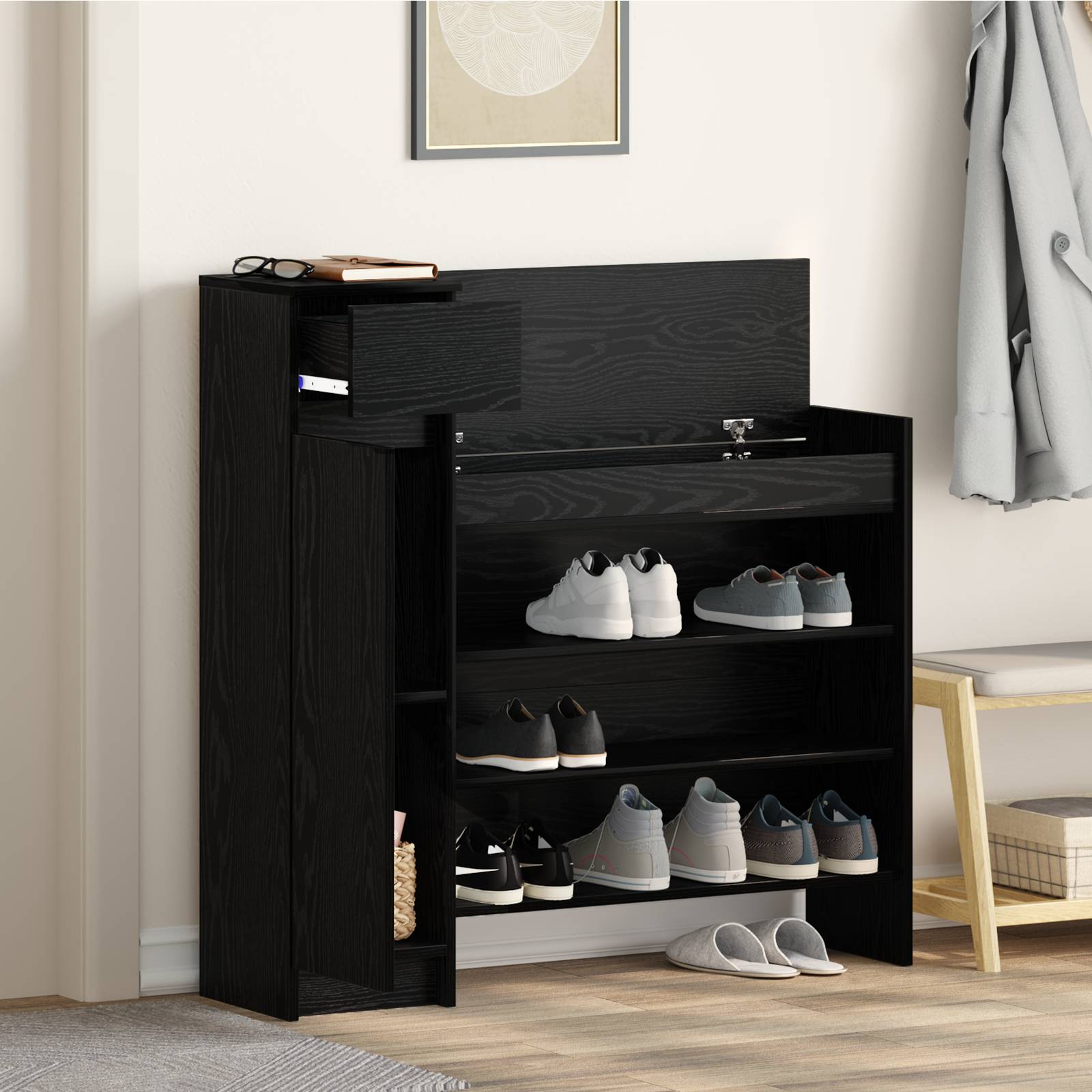 vidaXL Schuhschrank Schwarz Eiche 100.5x28x100 cm MDF