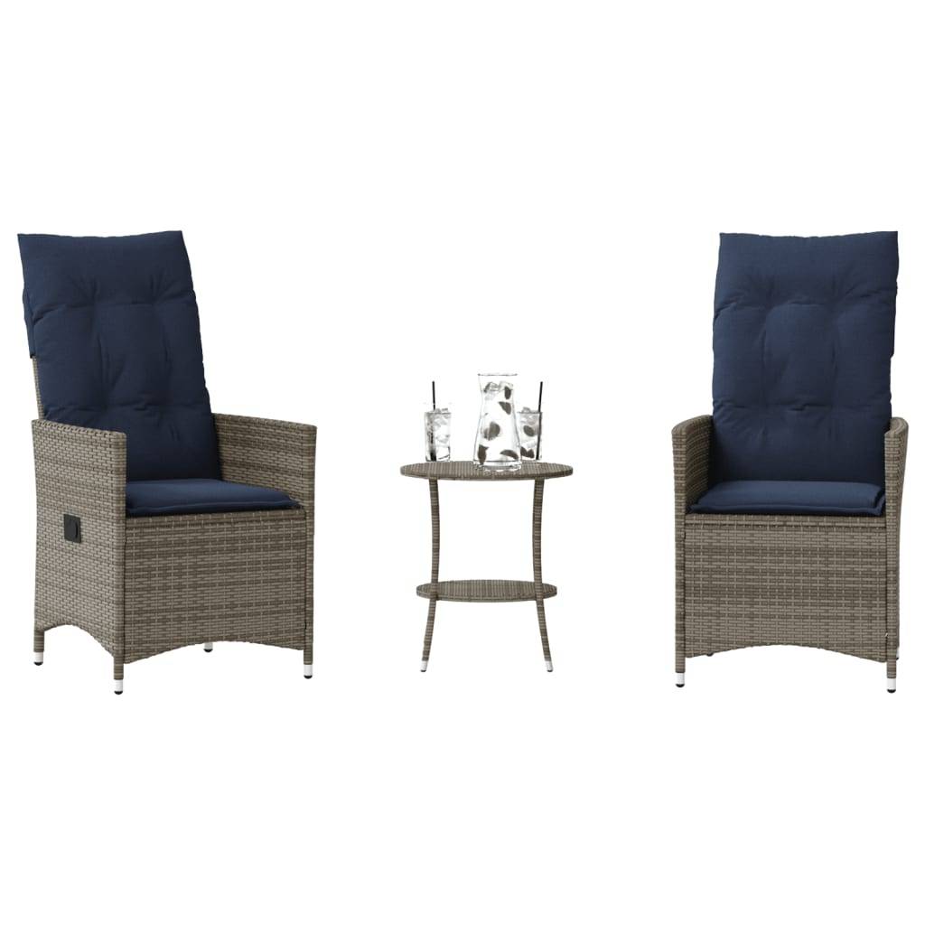 vidaXL 3-teiliges Bistro-Set mit Kissen Grau Poly Rattan