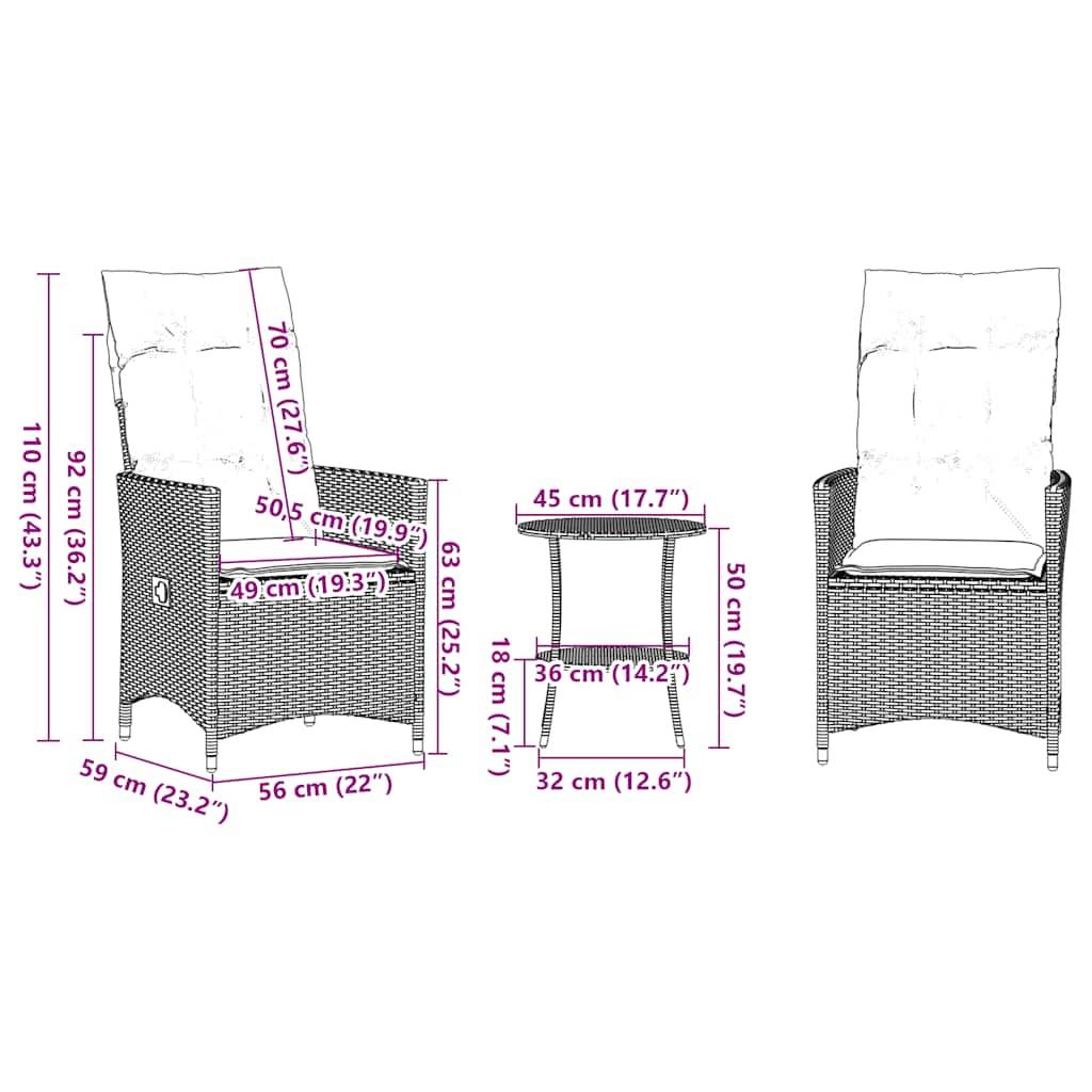 vidaXL 3-teiliges Bistro-Set mit Kissen Grau Poly Rattan