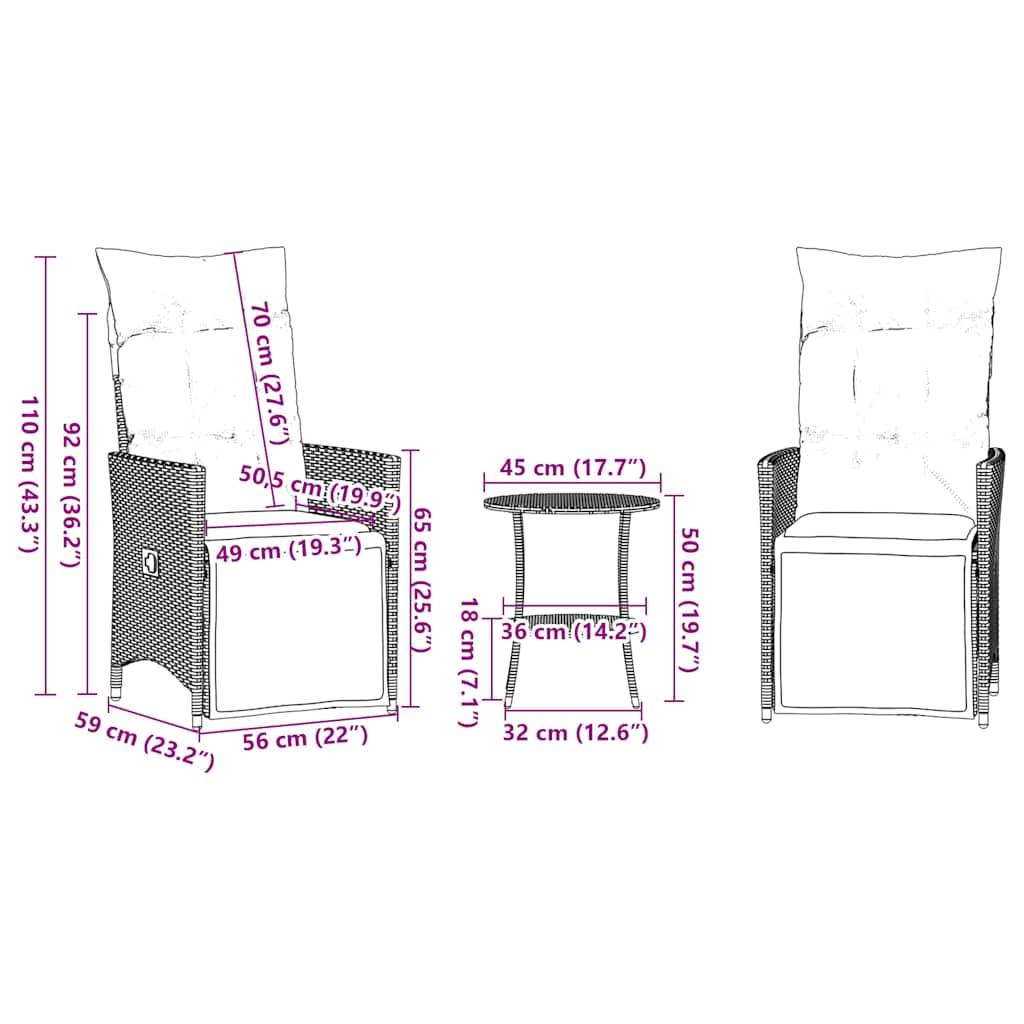 vidaXL 3-teiliges Bistro-Set mit Kissen Grau Poly Rattan