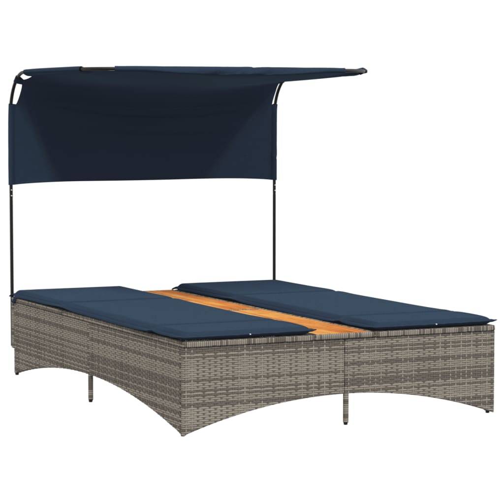 vidaXL Doppel-Sonnenliege mit Dach und Kissen Grau Poly Rattan