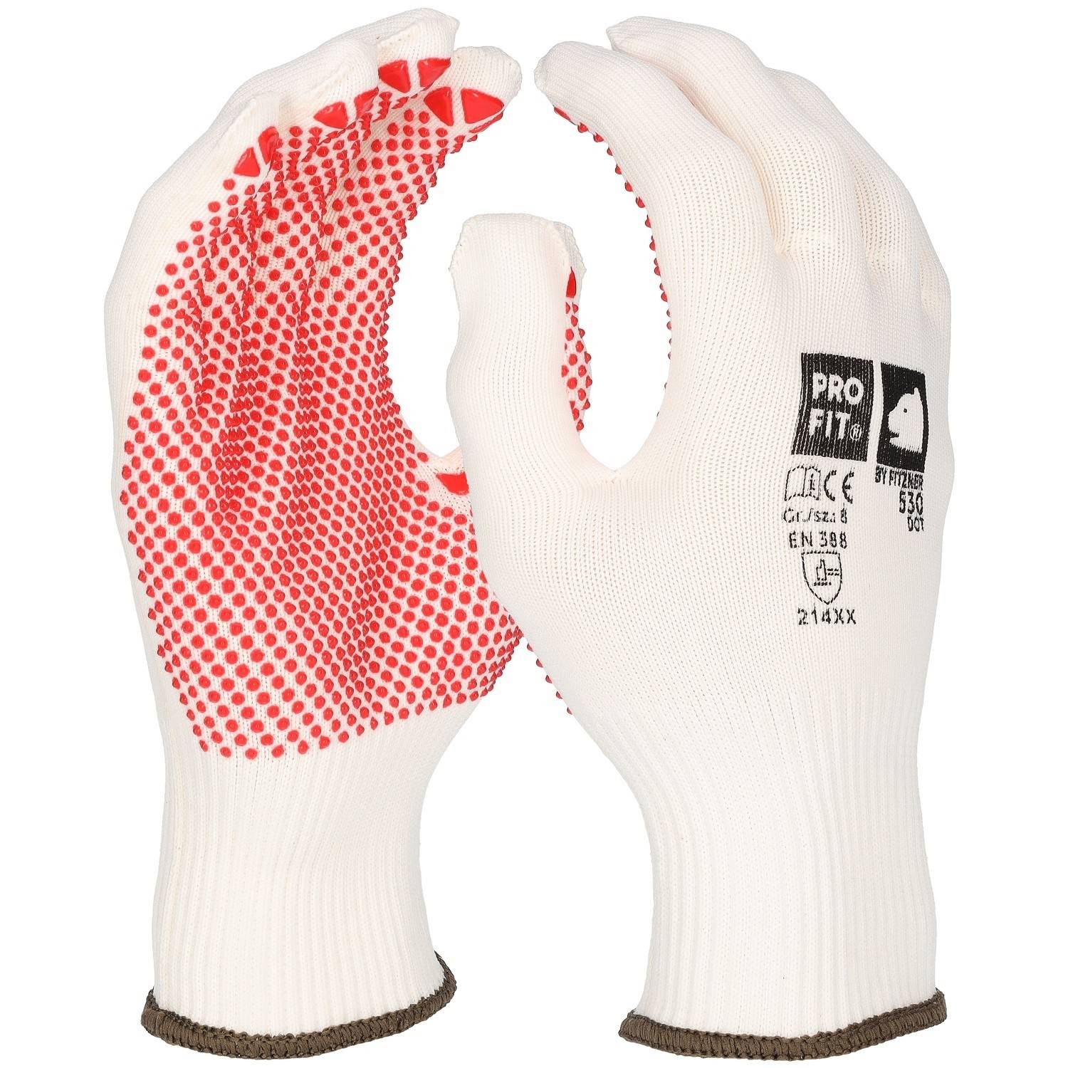 Profit 530/10 - Strickhandschuhe "Dot", fein, weiß, einseitig rote Noppen