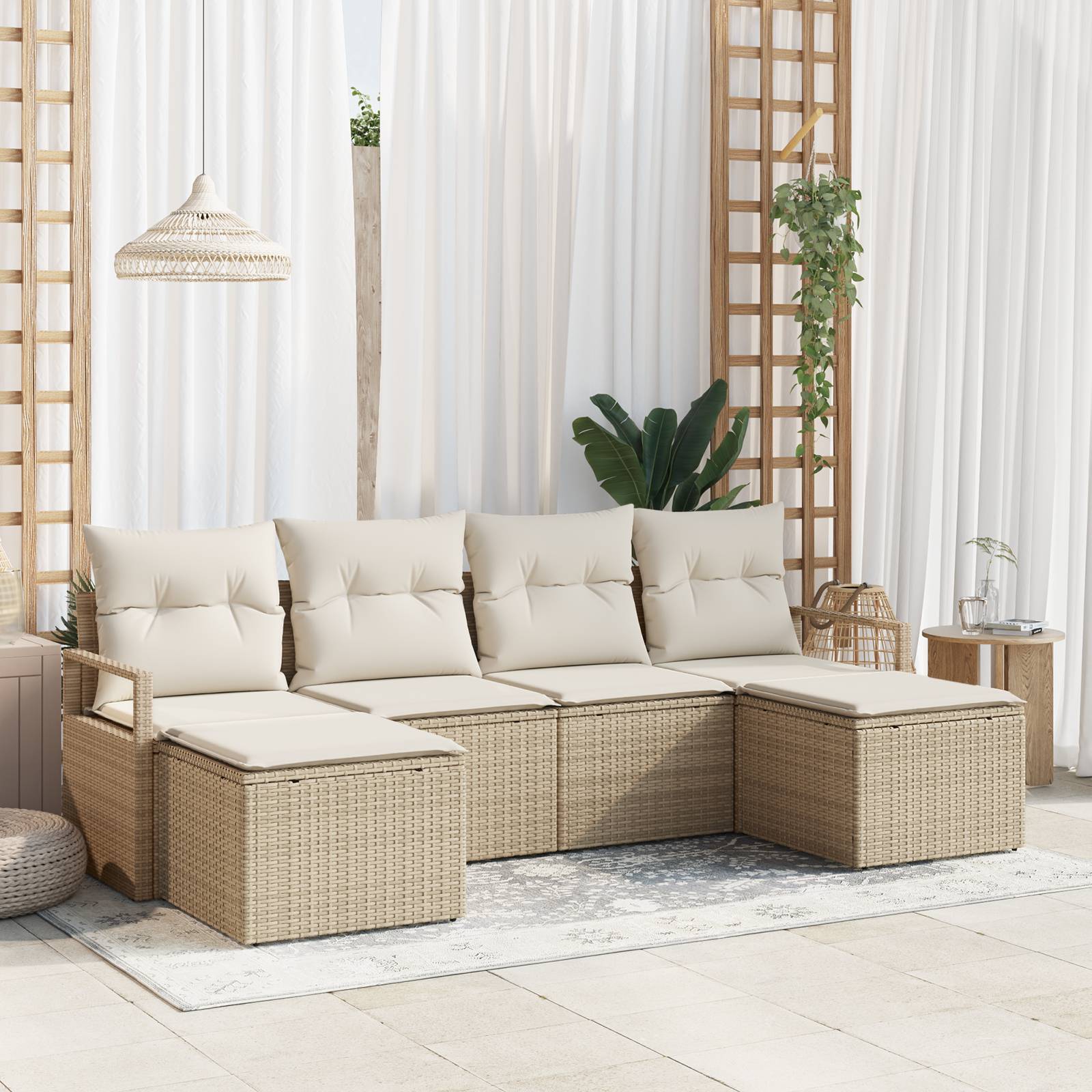 vidaXL 6-teiliges Gartensofa-Set mit Kissen Beige Poly Rattan