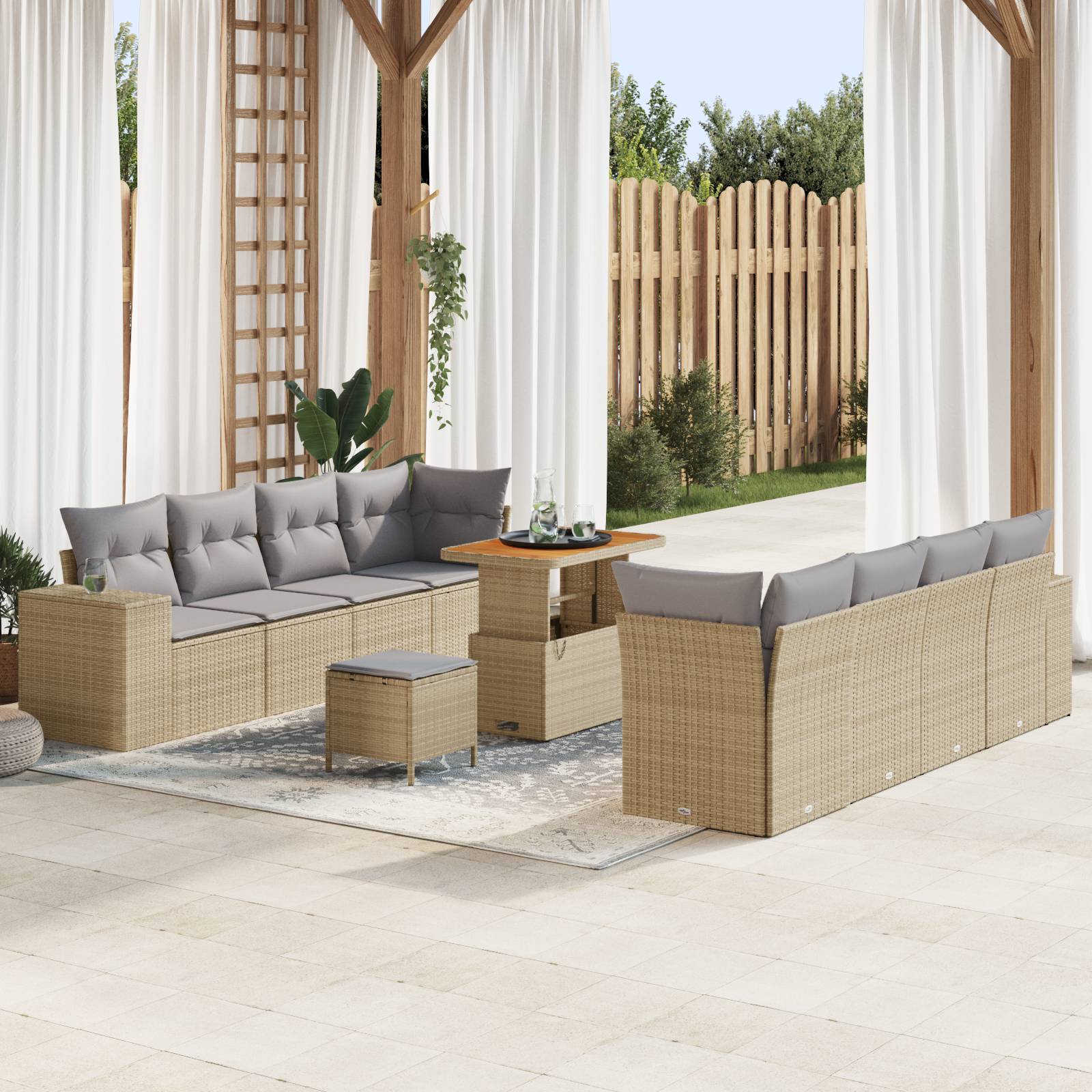 vidaXL 11-teiliges Garten Sofa Set mit Kissen Beige Poly Rattan Akazie