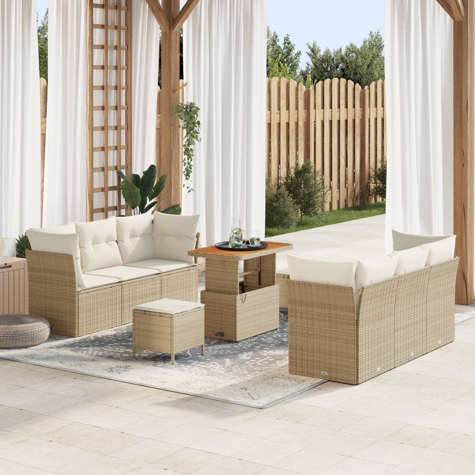 vidaXL 9-tlg. Garten-Sofagarnitur mit Kissen Beige Poly Rattan Akazie