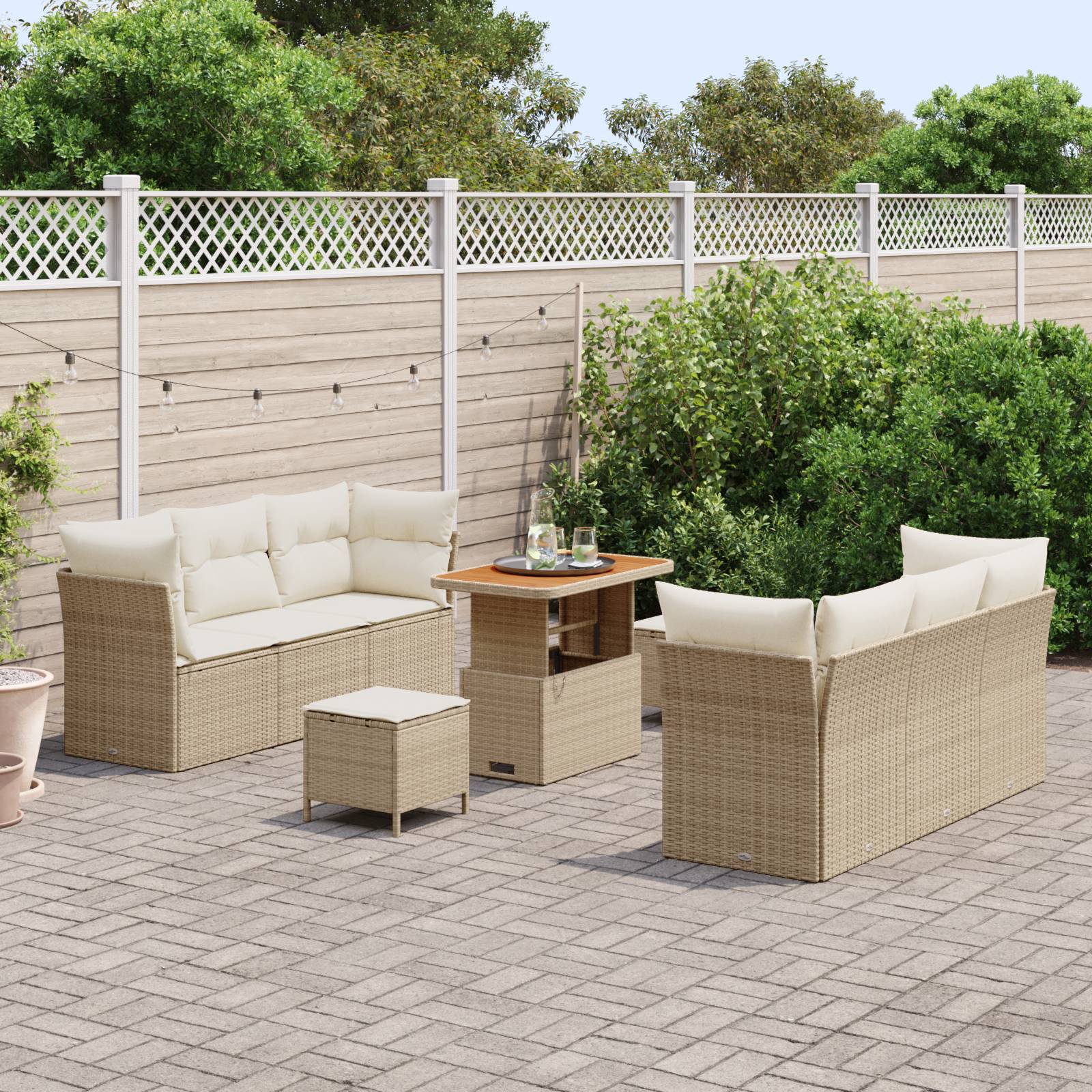 vidaXL 9-tlg. Garten-Sofagarnitur mit Kissen Beige Poly Rattan Akazie