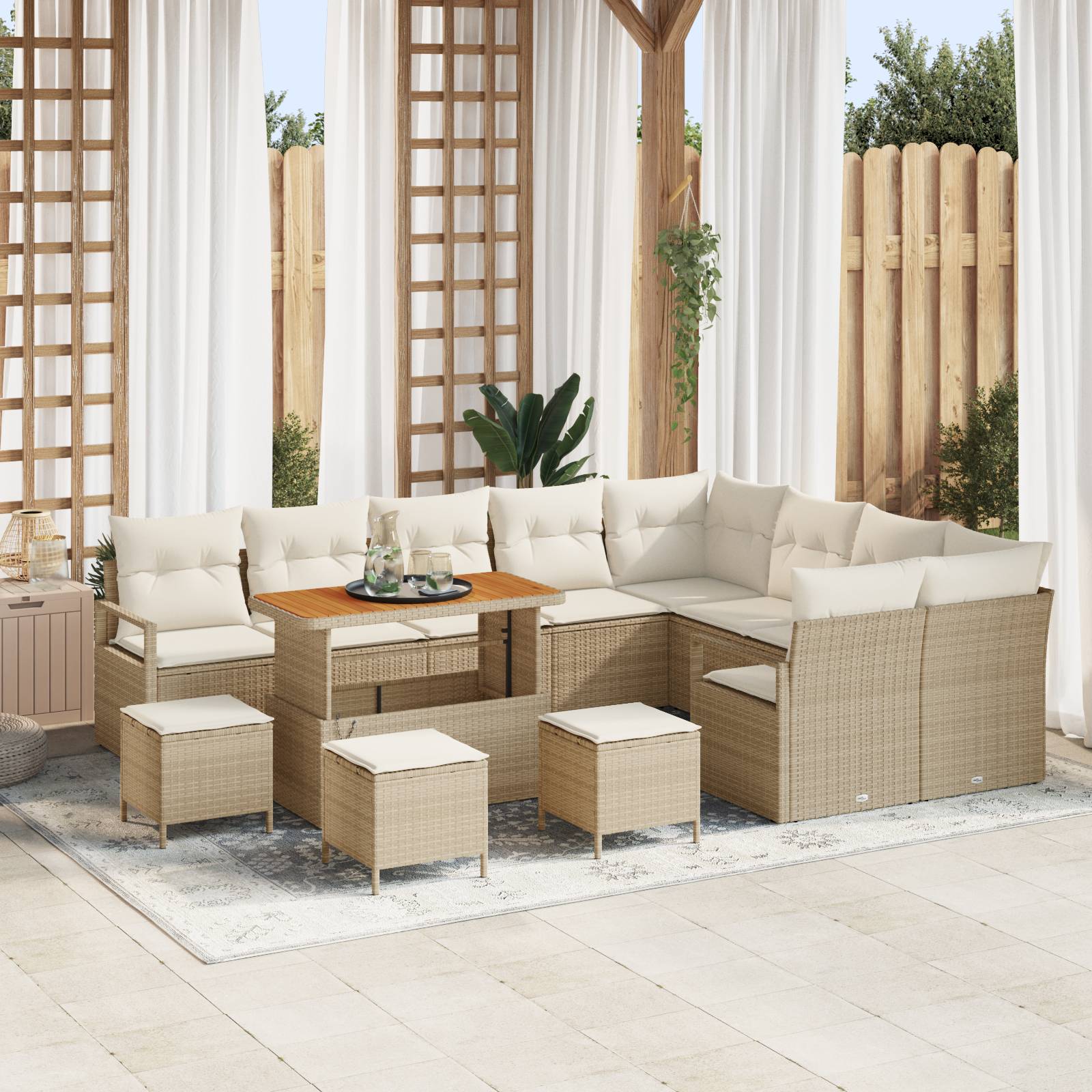 vidaXL 13-tlg. Garten-Sofagarnitur mit Kissen Beige Poly Rattan Akazie