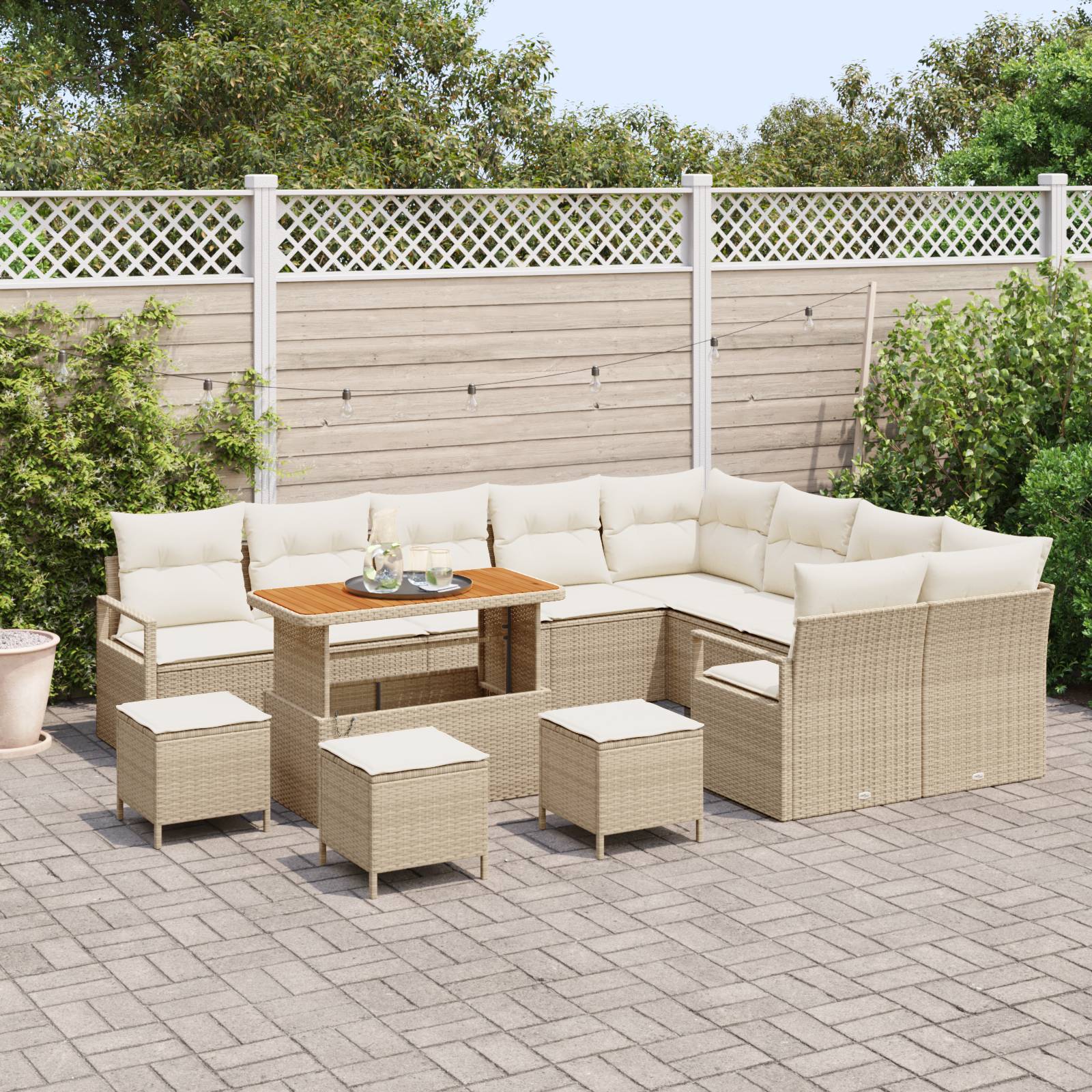 vidaXL 13-tlg. Garten-Sofagarnitur mit Kissen Beige Poly Rattan Akazie