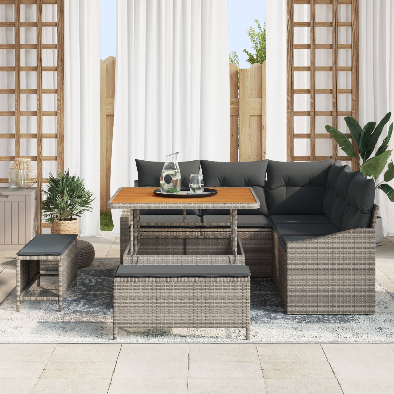vidaXL 8-tlg. Garten-Sofagarnitur mit Kissen Grau Poly Rattan Akazie