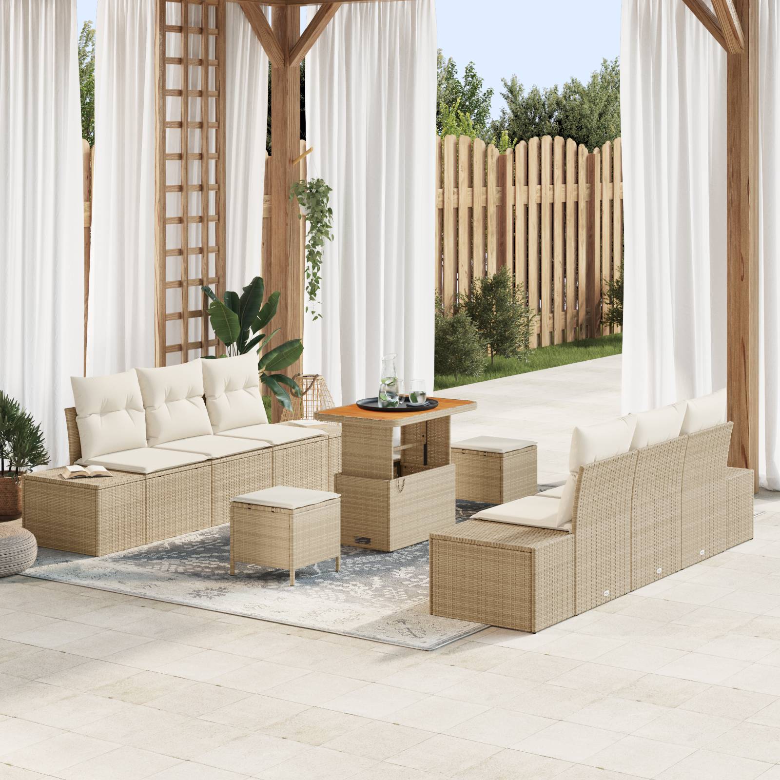 vidaXL 9-teiliges Garten Sofa Set mit Kissen Beige Poly Rattan Akazie