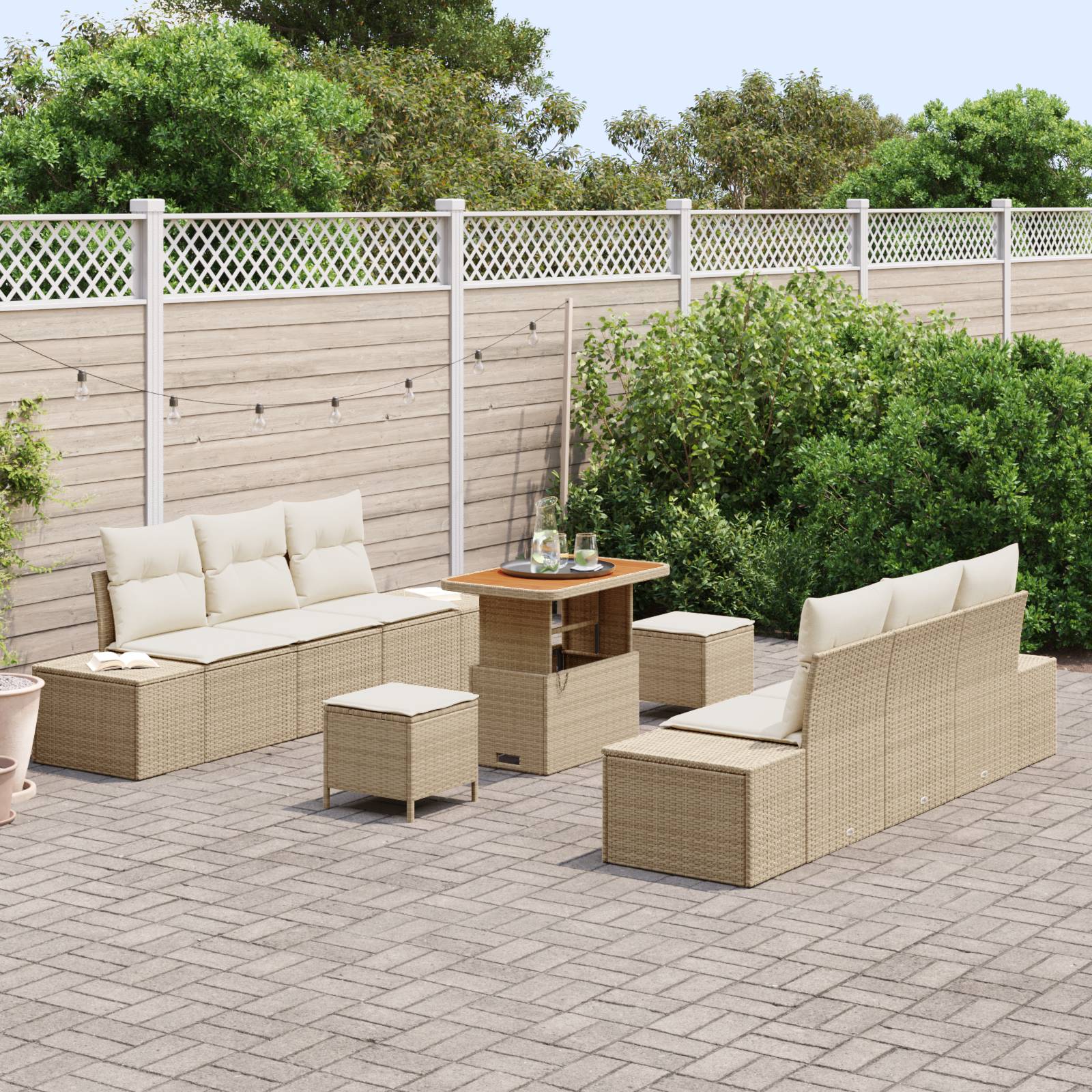 vidaXL 9-teiliges Garten Sofa Set mit Kissen Beige Poly Rattan Akazie