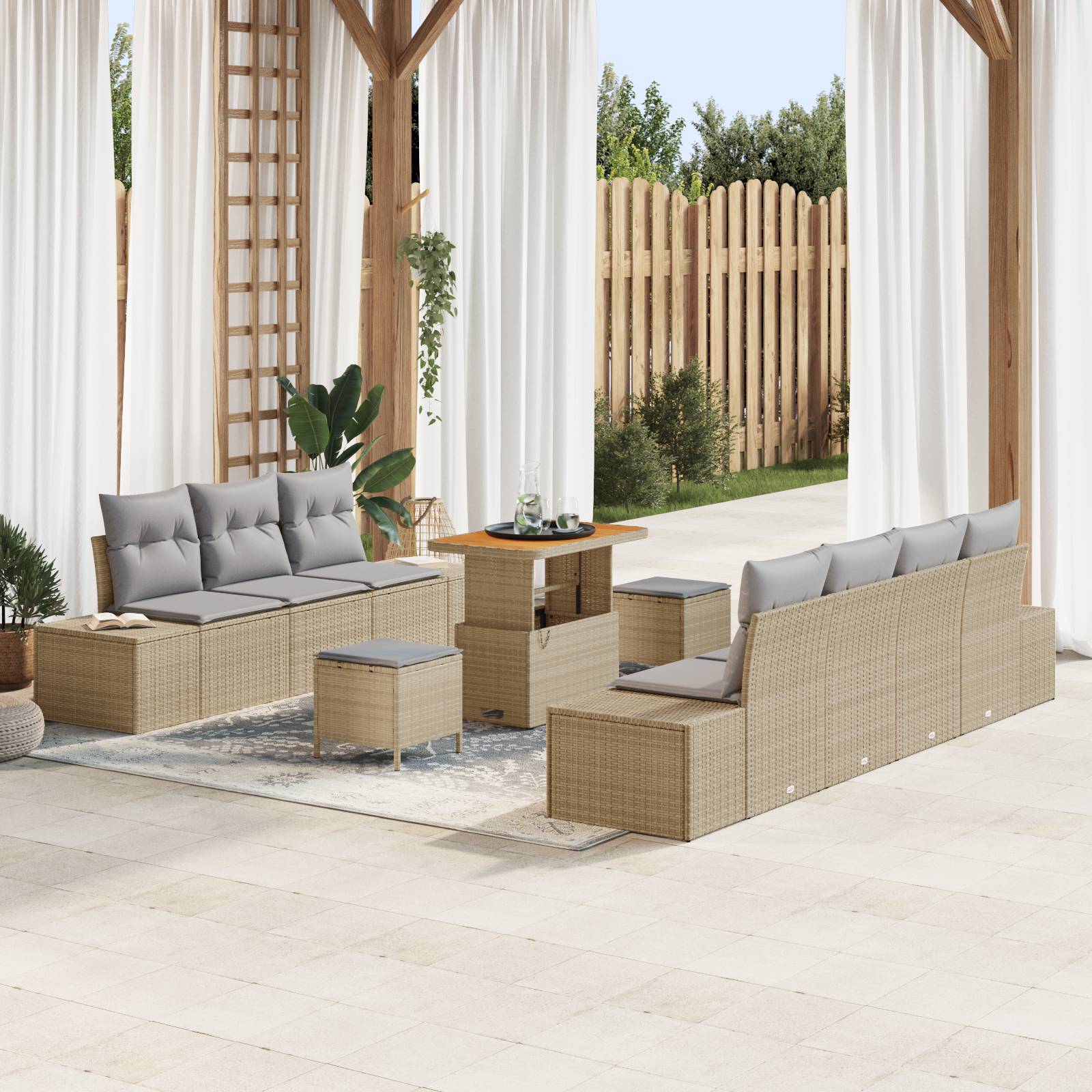 vidaXL 10-tlg. Garten-Sofagarnitur mit Kissen Beige Poly Rattan Akazie
