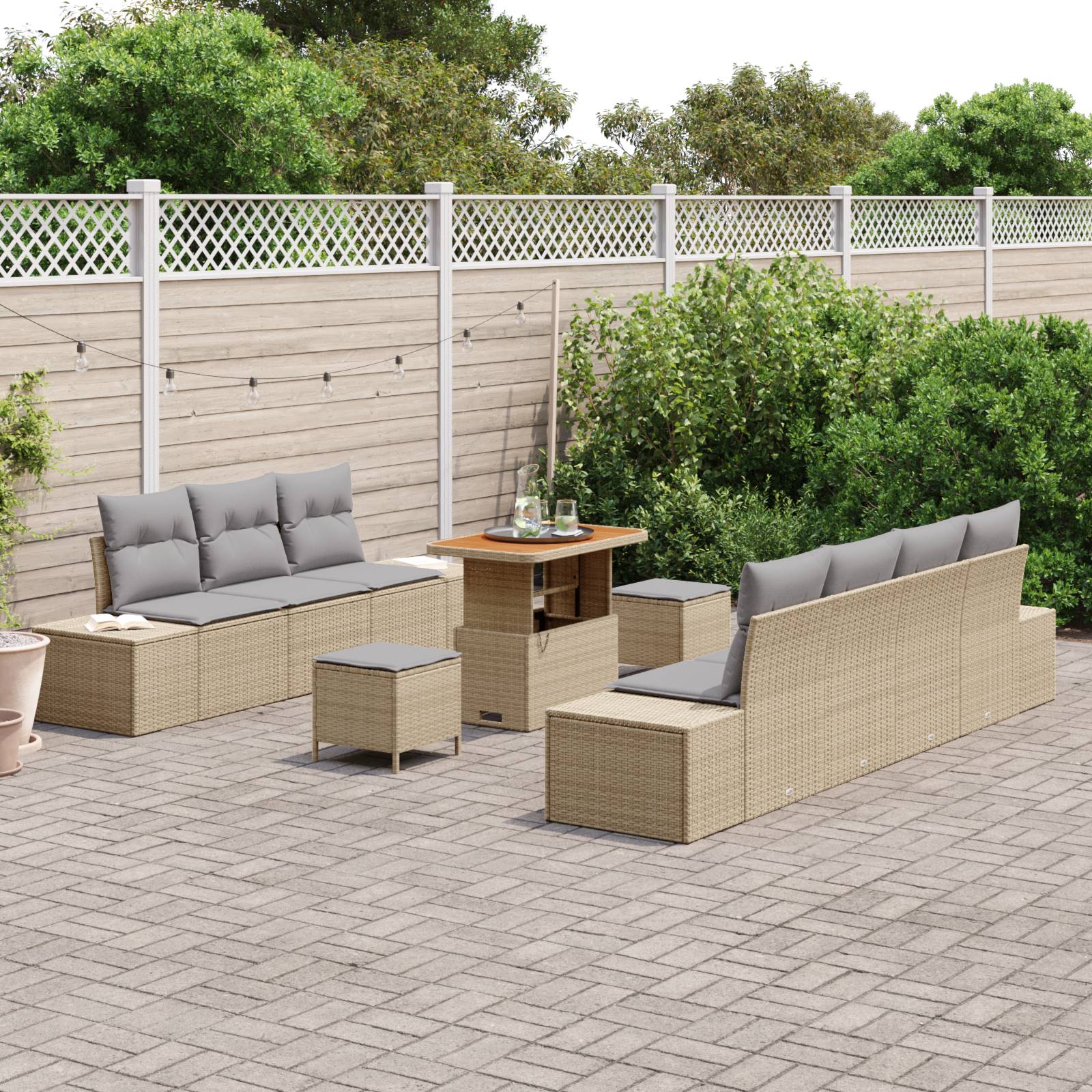 vidaXL 10-tlg. Garten-Sofagarnitur mit Kissen Beige Poly Rattan Akazie