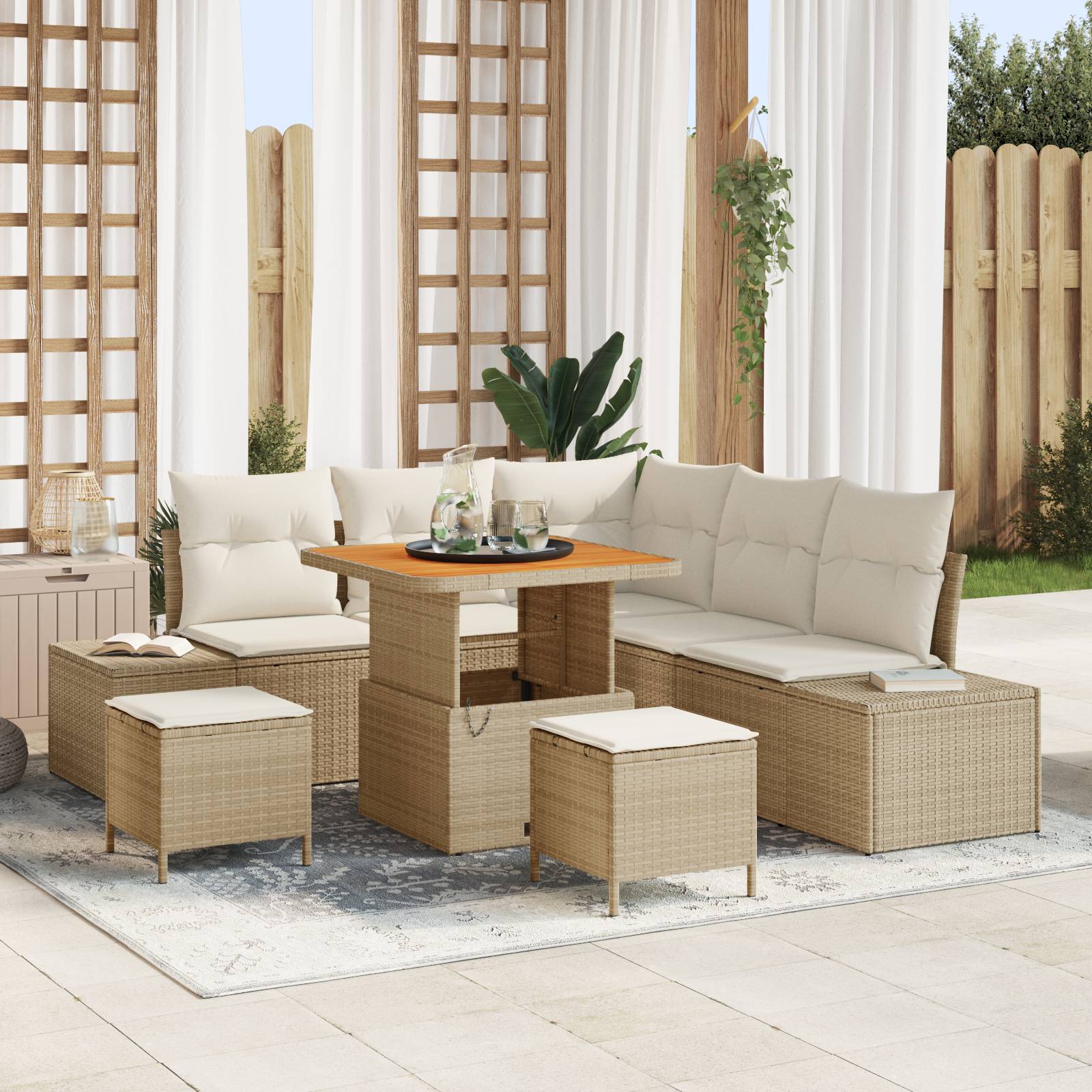 vidaXL 8-teiliges Garten Sofa Set mit Kissen Beige Poly Rattan Akazie