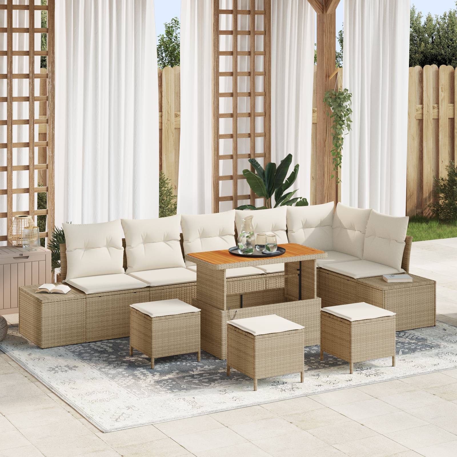 vidaXL 10-teiliges Garten Sofa Set mit Kissen Beige Poly Rattan Akazie