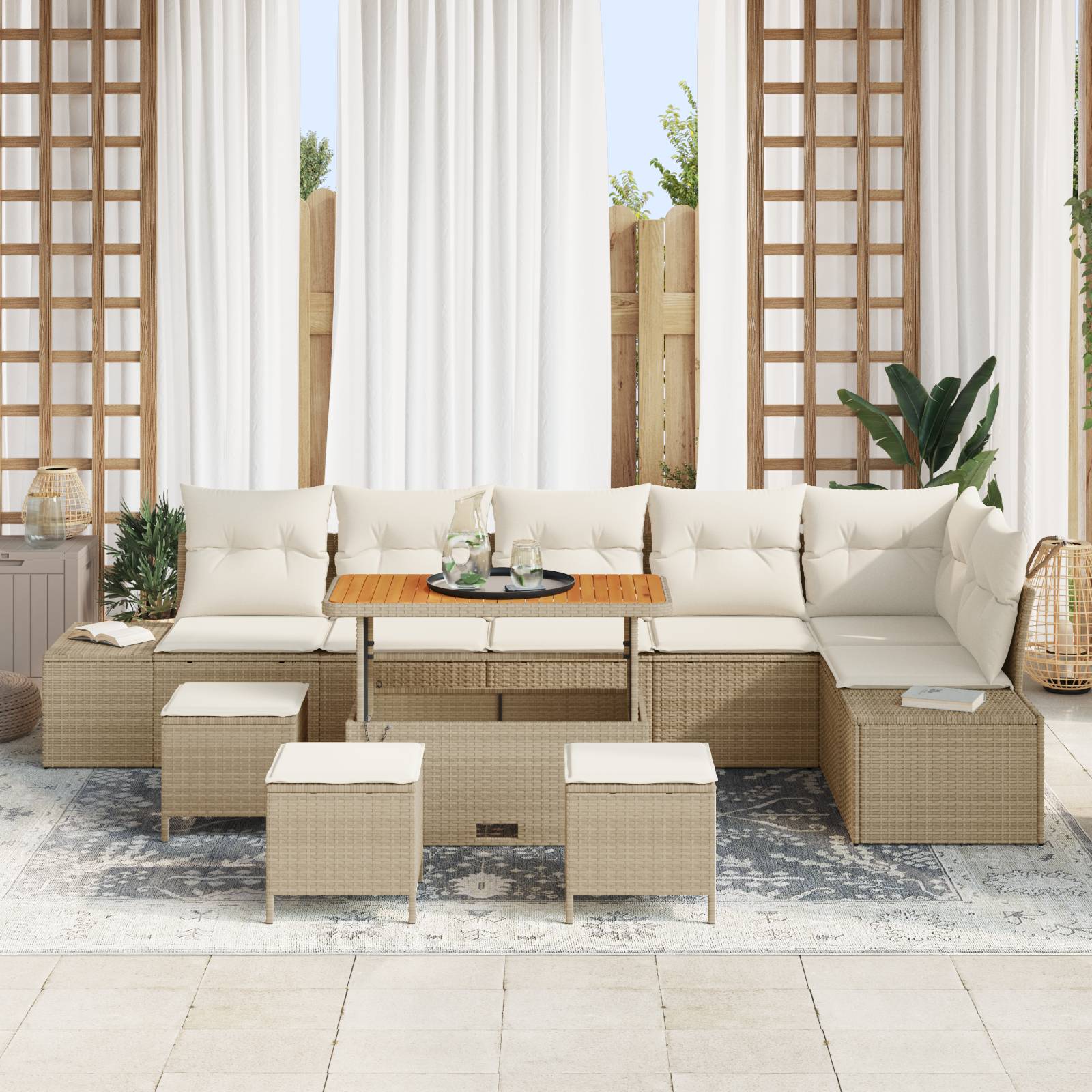 vidaXL 10-teiliges Garten Sofa Set mit Kissen Beige Poly Rattan Akazie