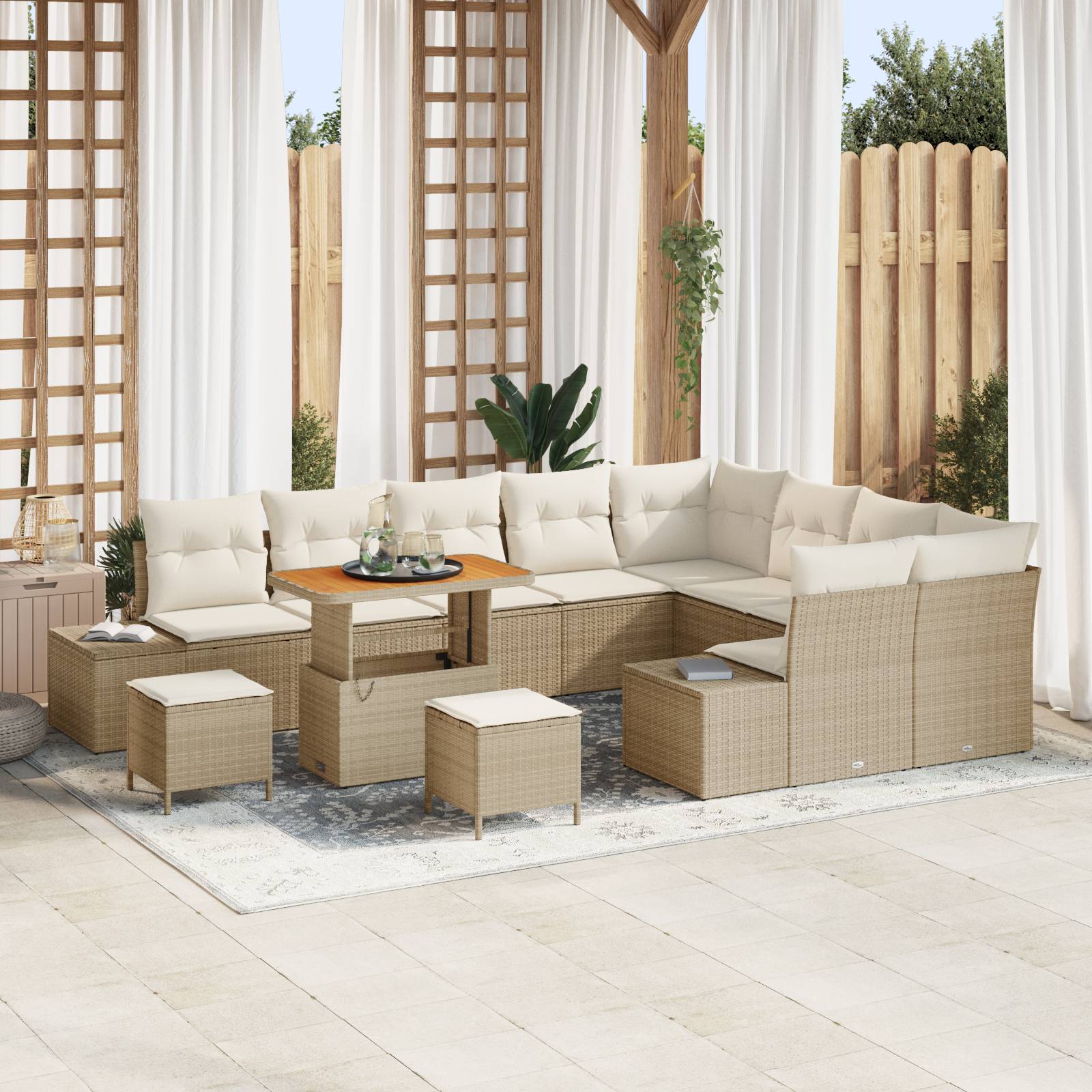 vidaXL 12-teiliges Garten-Sofa-Set mit Kissen Beige Poly-Rattan Akazie