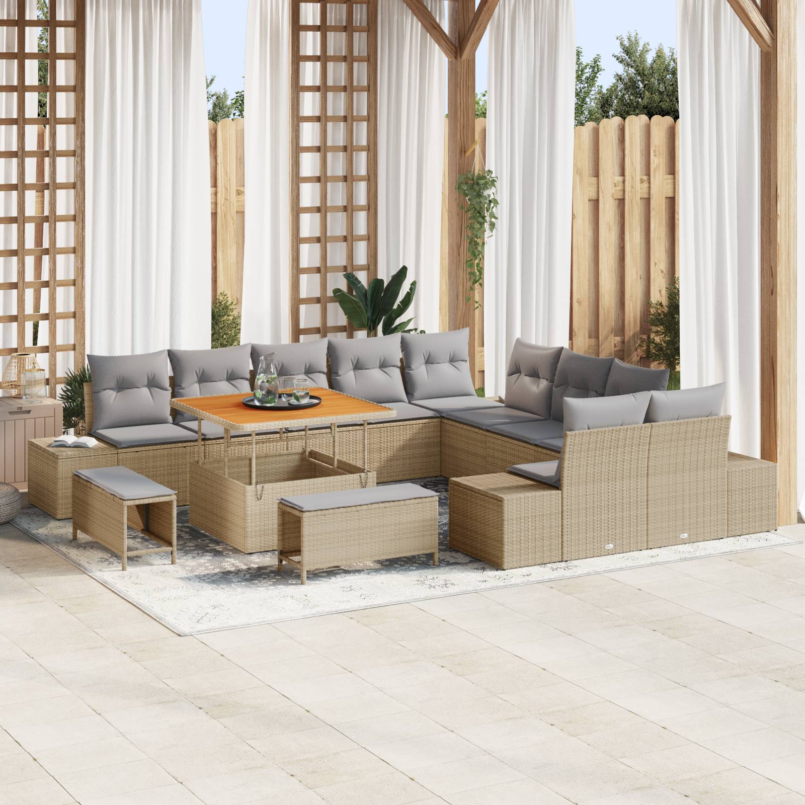 vidaXL 13-tlg. Garten-Sofagarnitur mit Kissen Beige Poly Rattan Akazie