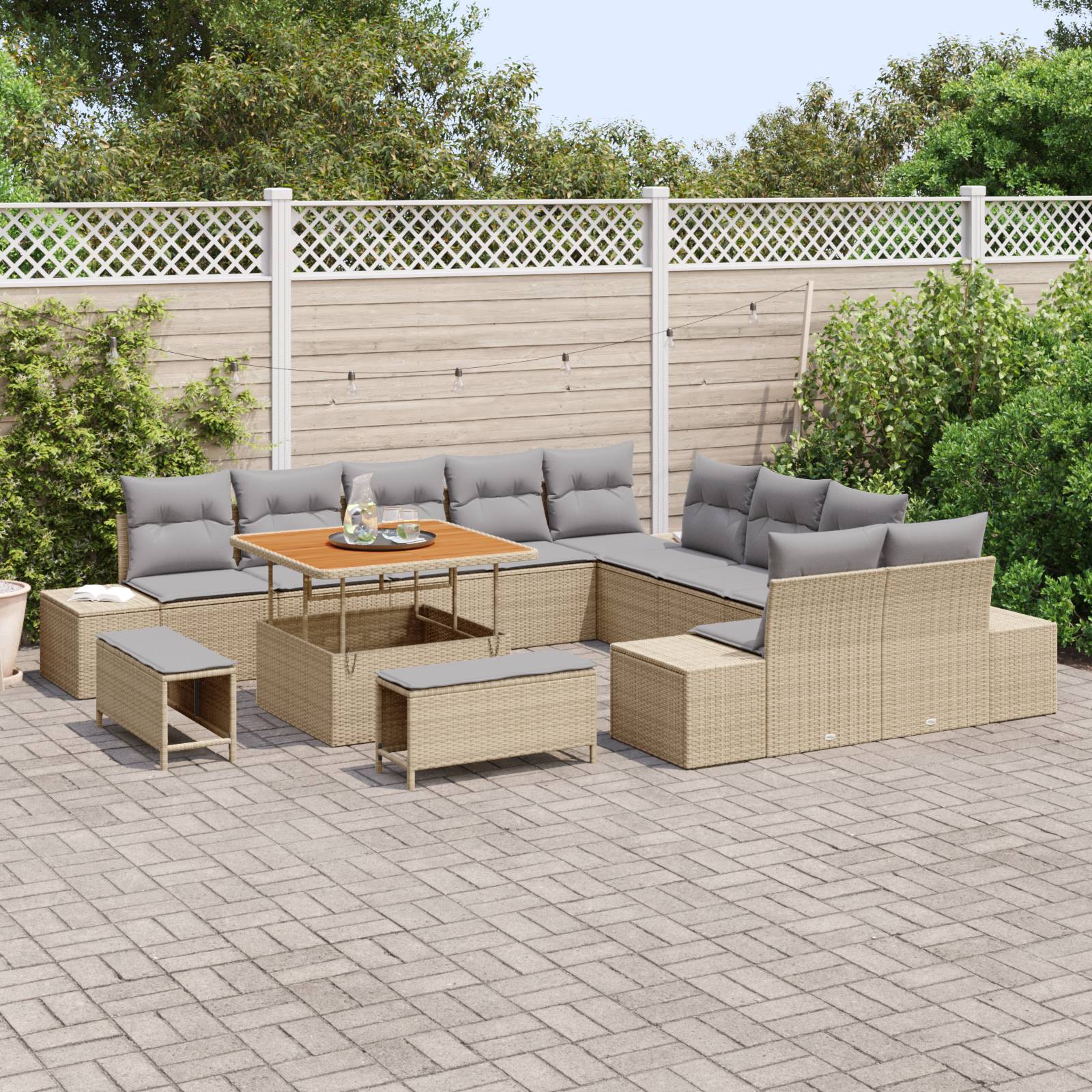 vidaXL 13-tlg. Garten-Sofagarnitur mit Kissen Beige Poly Rattan Akazie