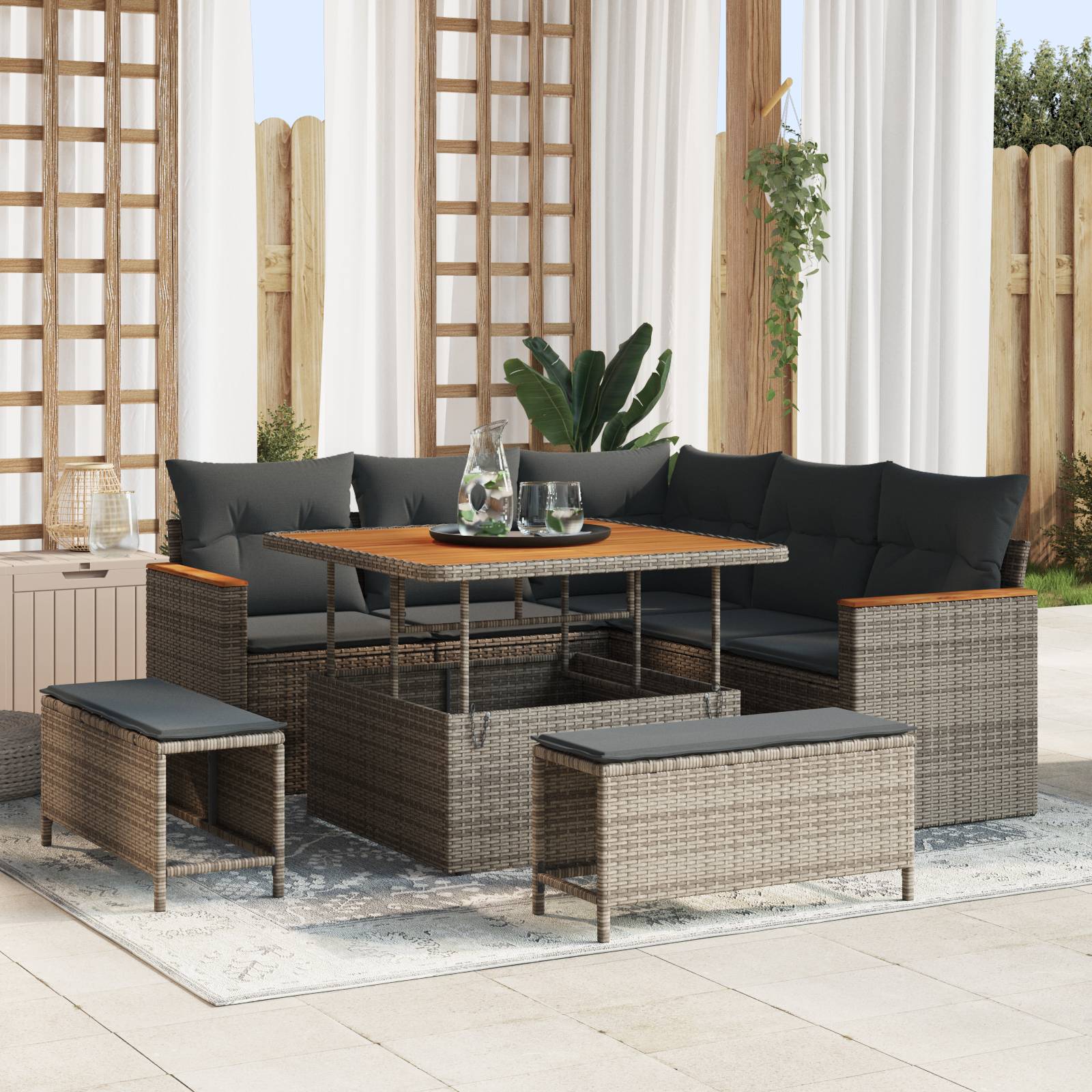 vidaXL 8-tlg. Garten-Sofagarnitur mit Kissen Grau Poly Rattan Akazie