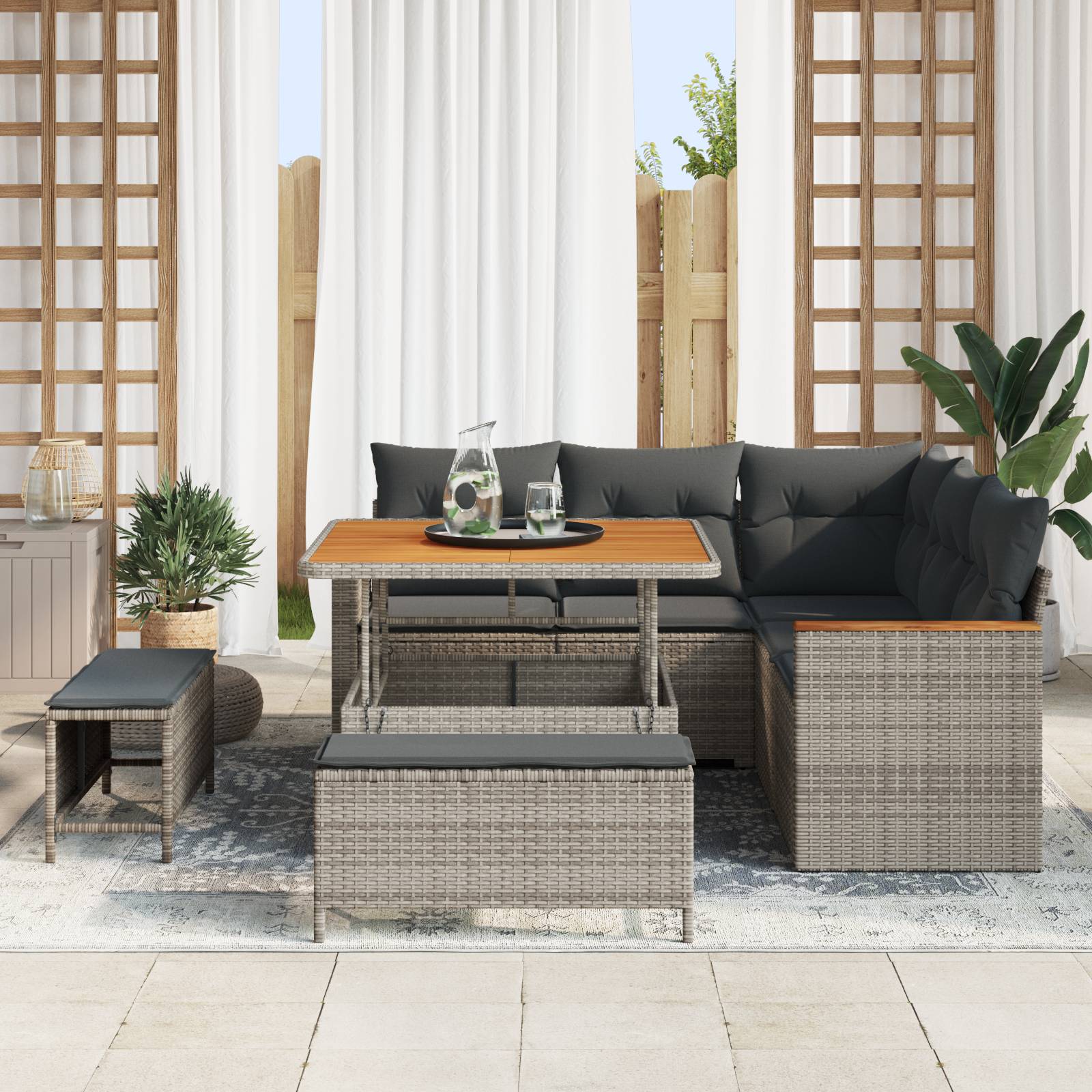 vidaXL 8-tlg. Garten-Sofagarnitur mit Kissen Grau Poly Rattan Akazie