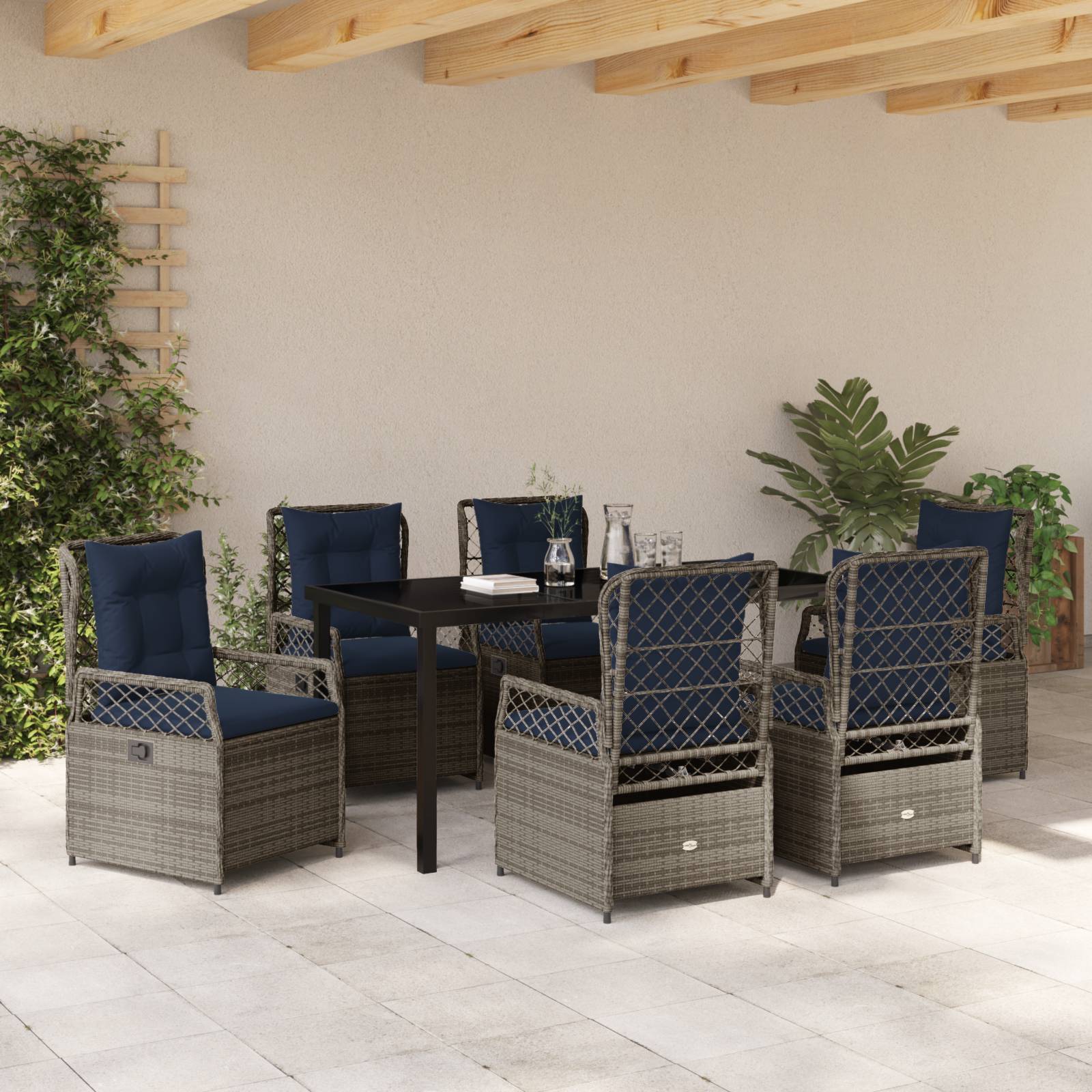 vidaXL 7-teiliges Garten-Esszimmer-Set Grau Poly-Rattan
