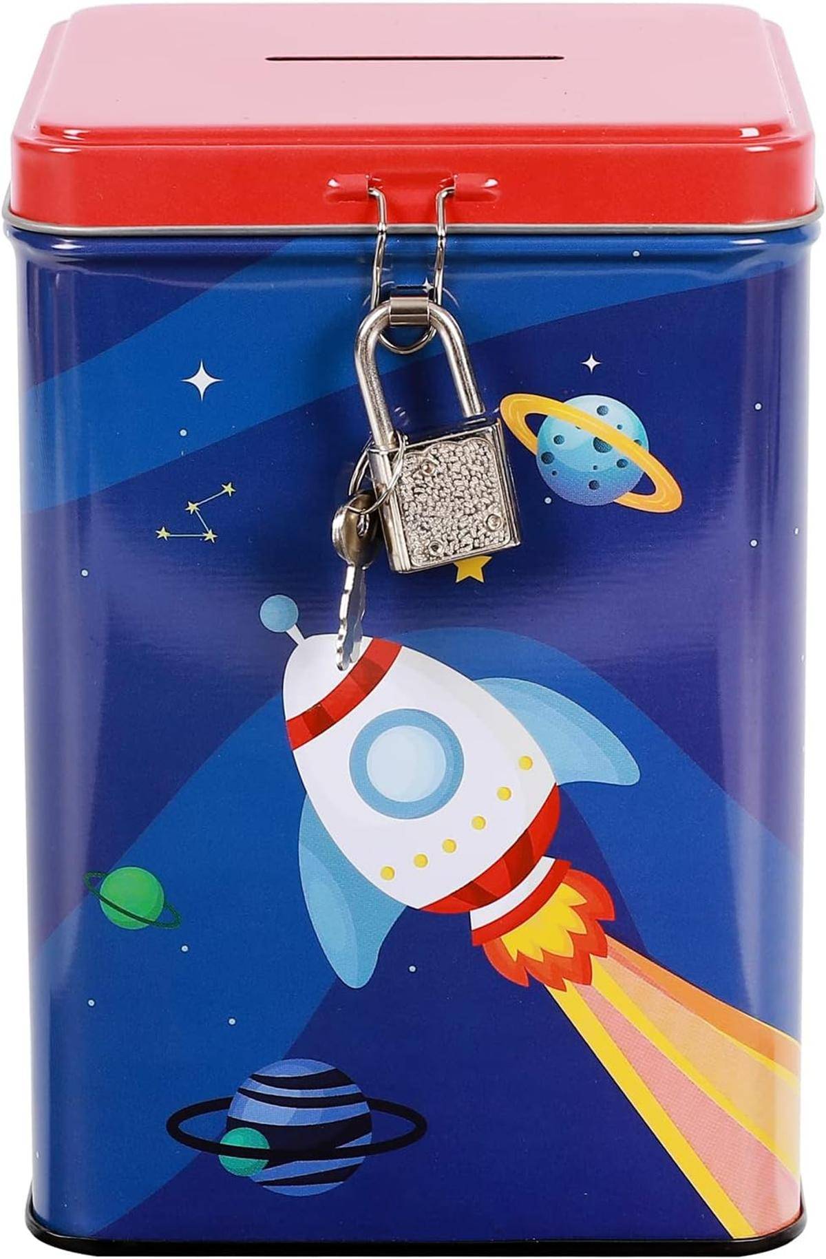 I-TOTAL® Spardose Vorhängeschloss Schlüssel Sparbüchse Metall Weltraum Rakete