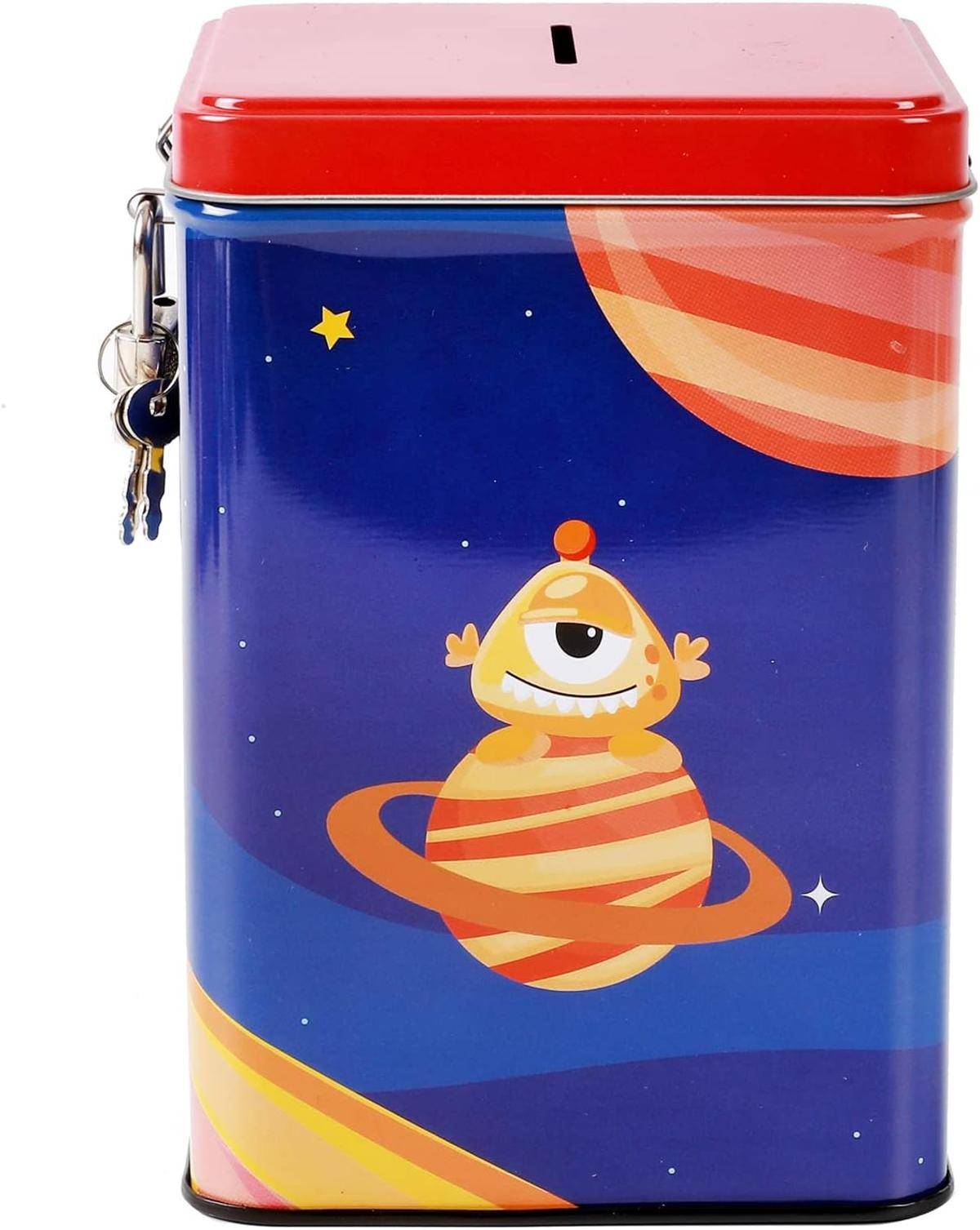 I-TOTAL® Spardose Vorhängeschloss Schlüssel Sparbüchse Metall Weltraum Rakete